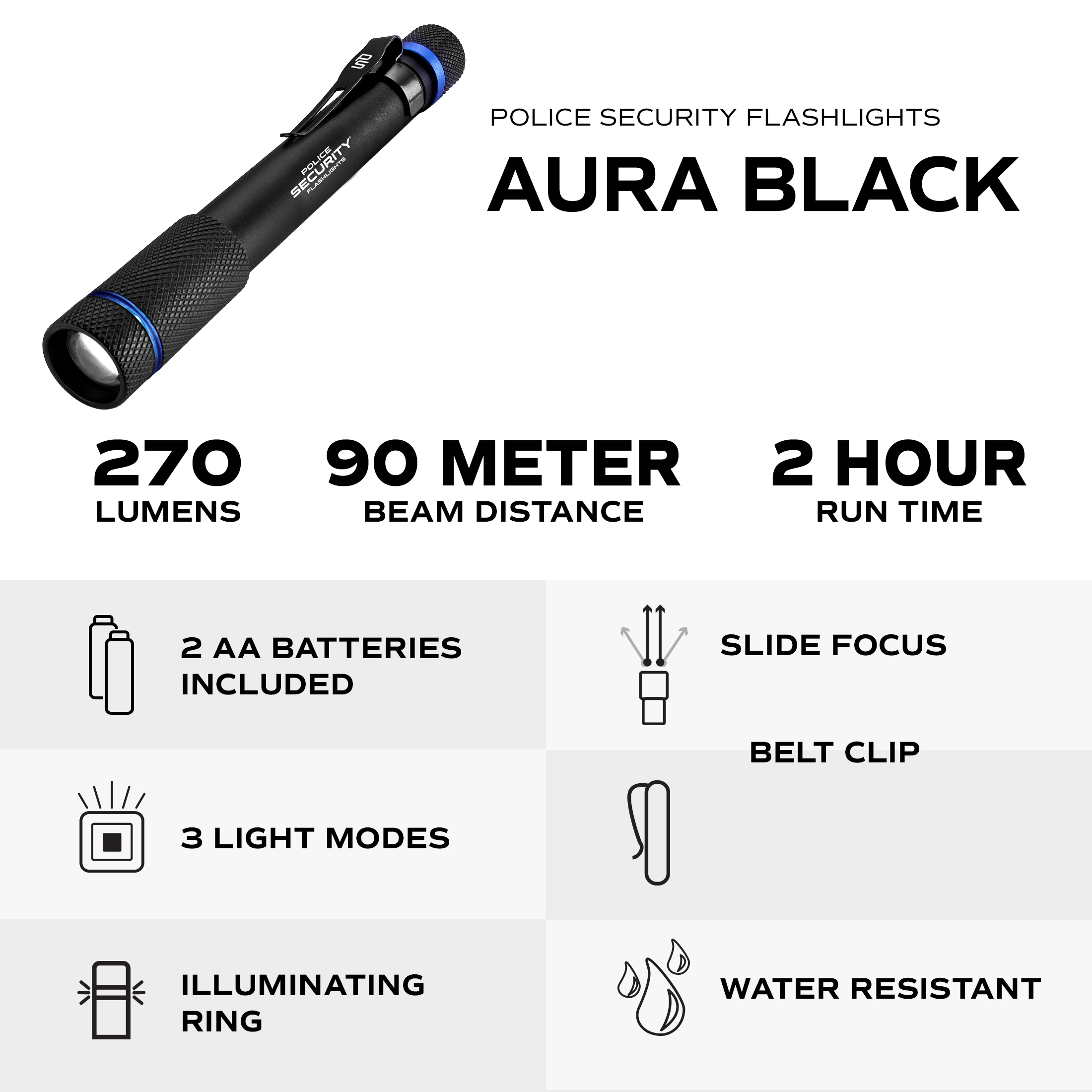 Linterna de LED Police Security Aura de 270 lúmenes con 3 modos e incluye baterías 98394