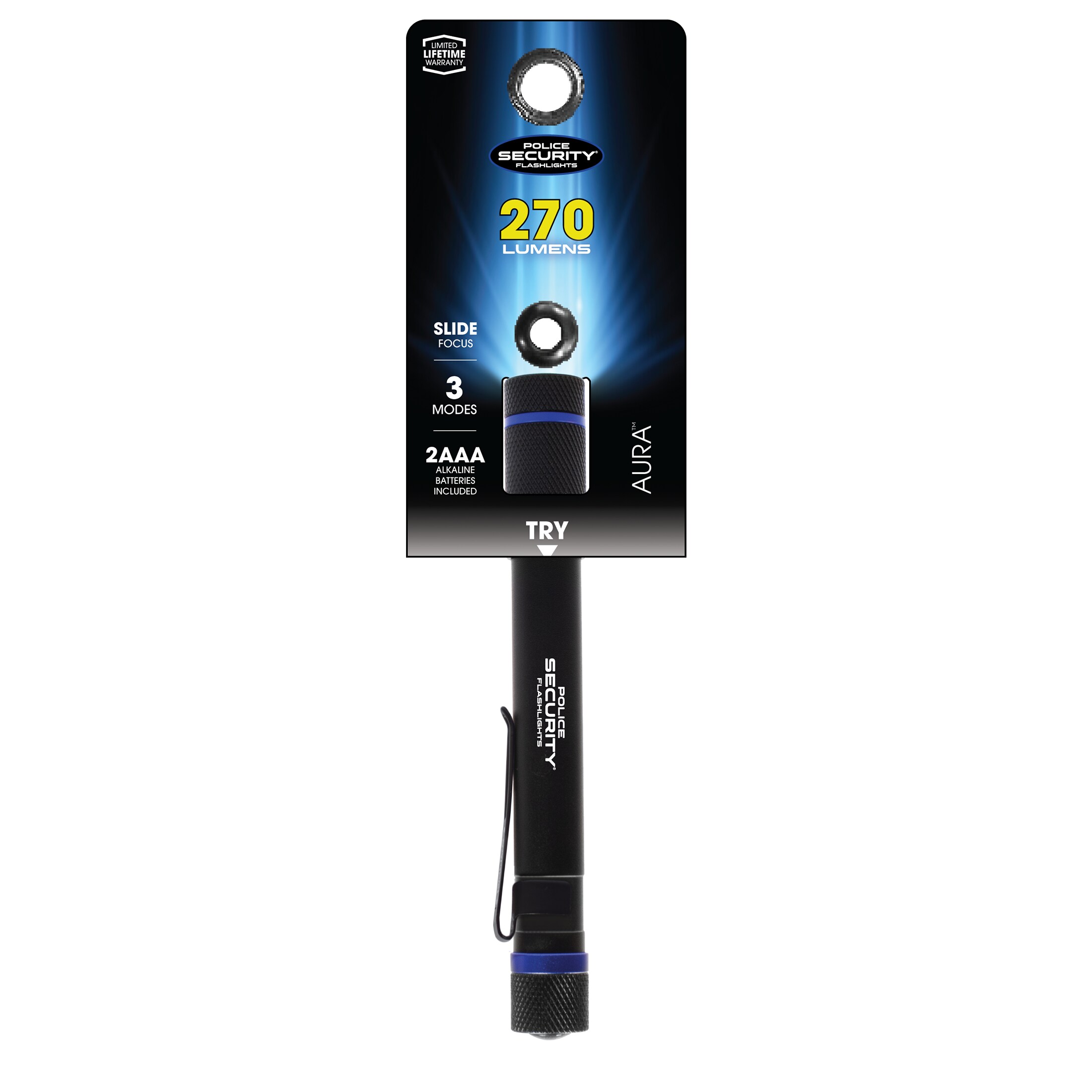 Linterna de LED Police Security Aura de 270 lúmenes con 3 modos e incluye baterías 98394