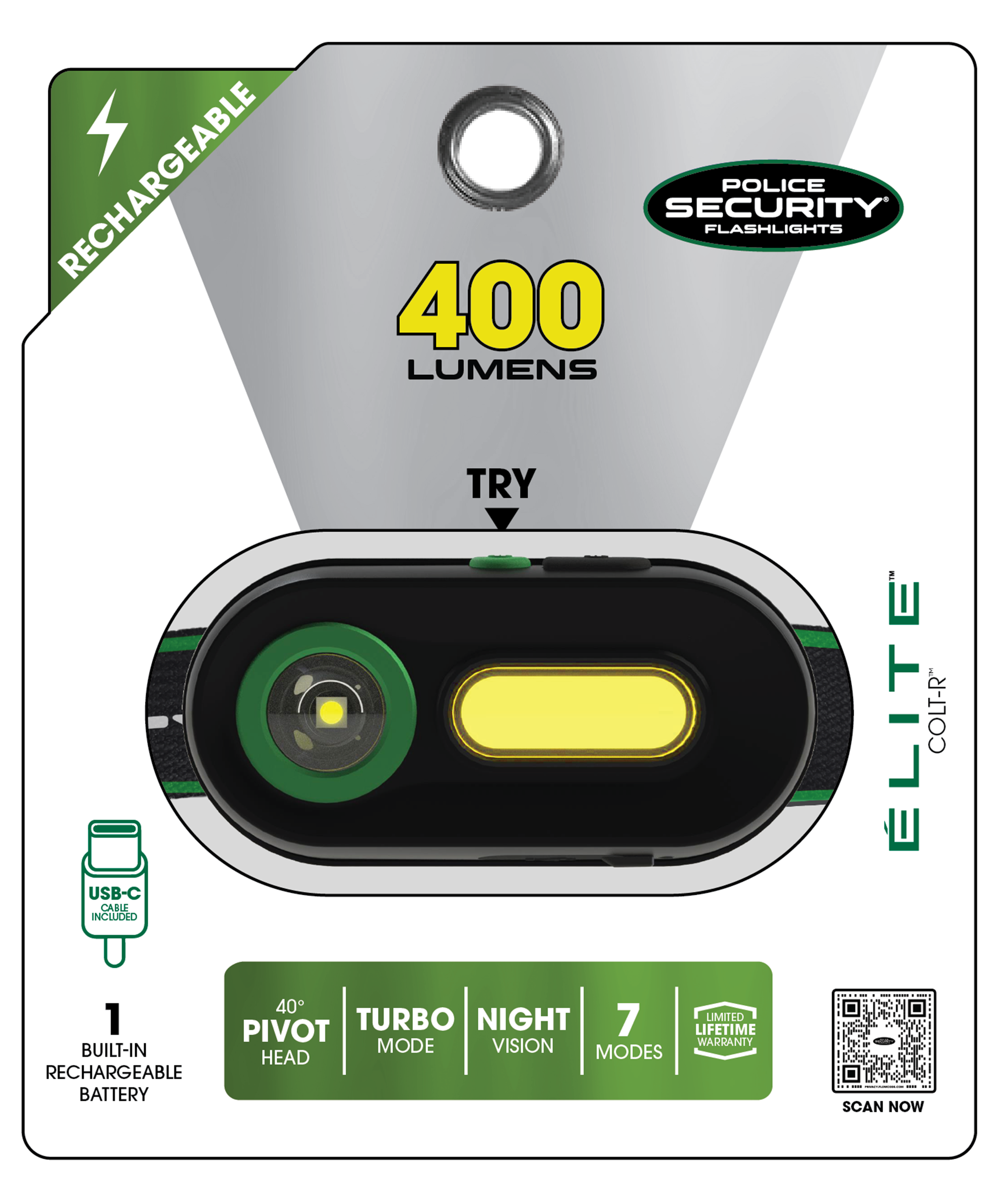 Lámpara frontal de LED Police Security Colt-R de 400 lúmenes con batería recargable incluida 98732