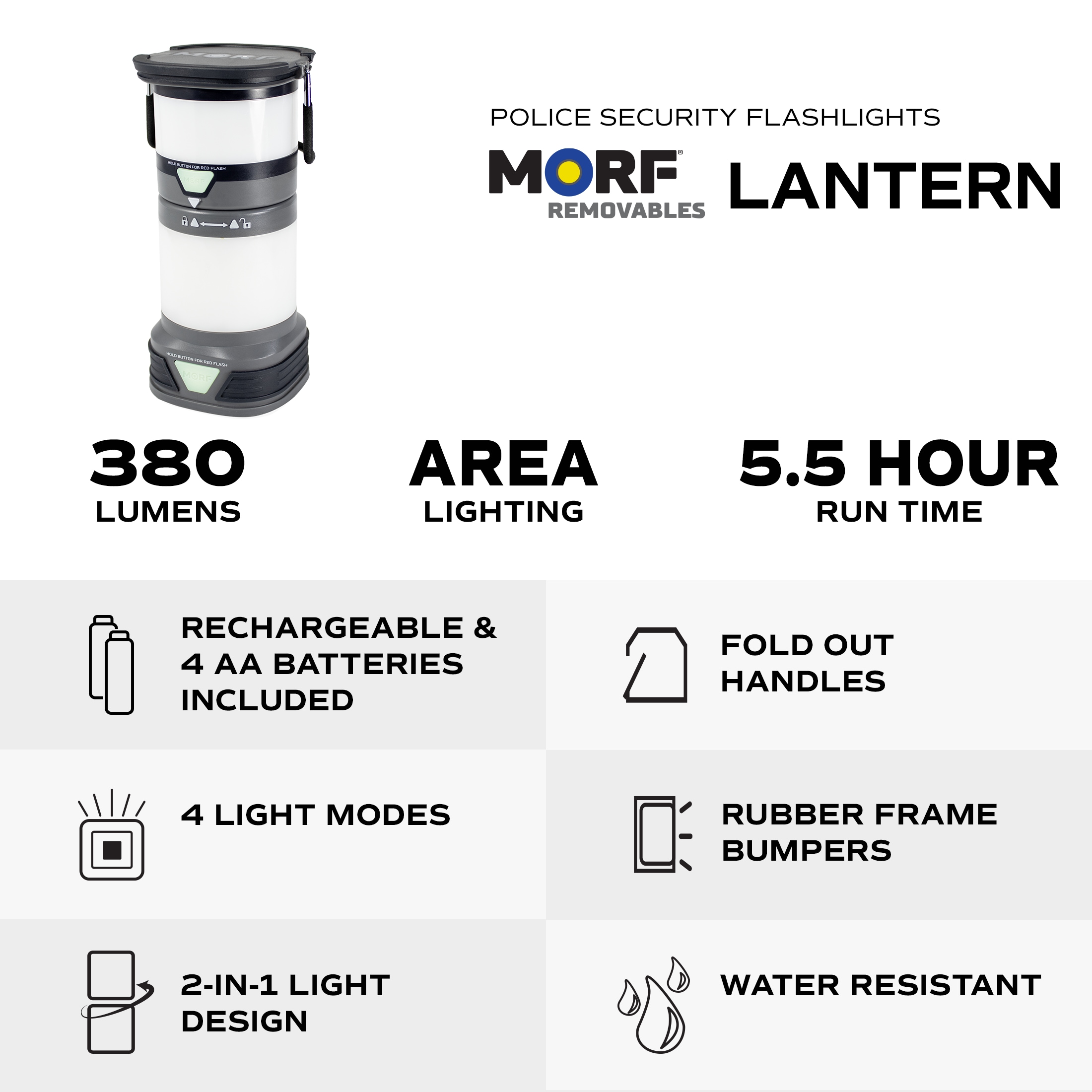 Linterna de camping LED de 380 lúmenes Police Security MORF (Recargable) con pilas incluidas 98971