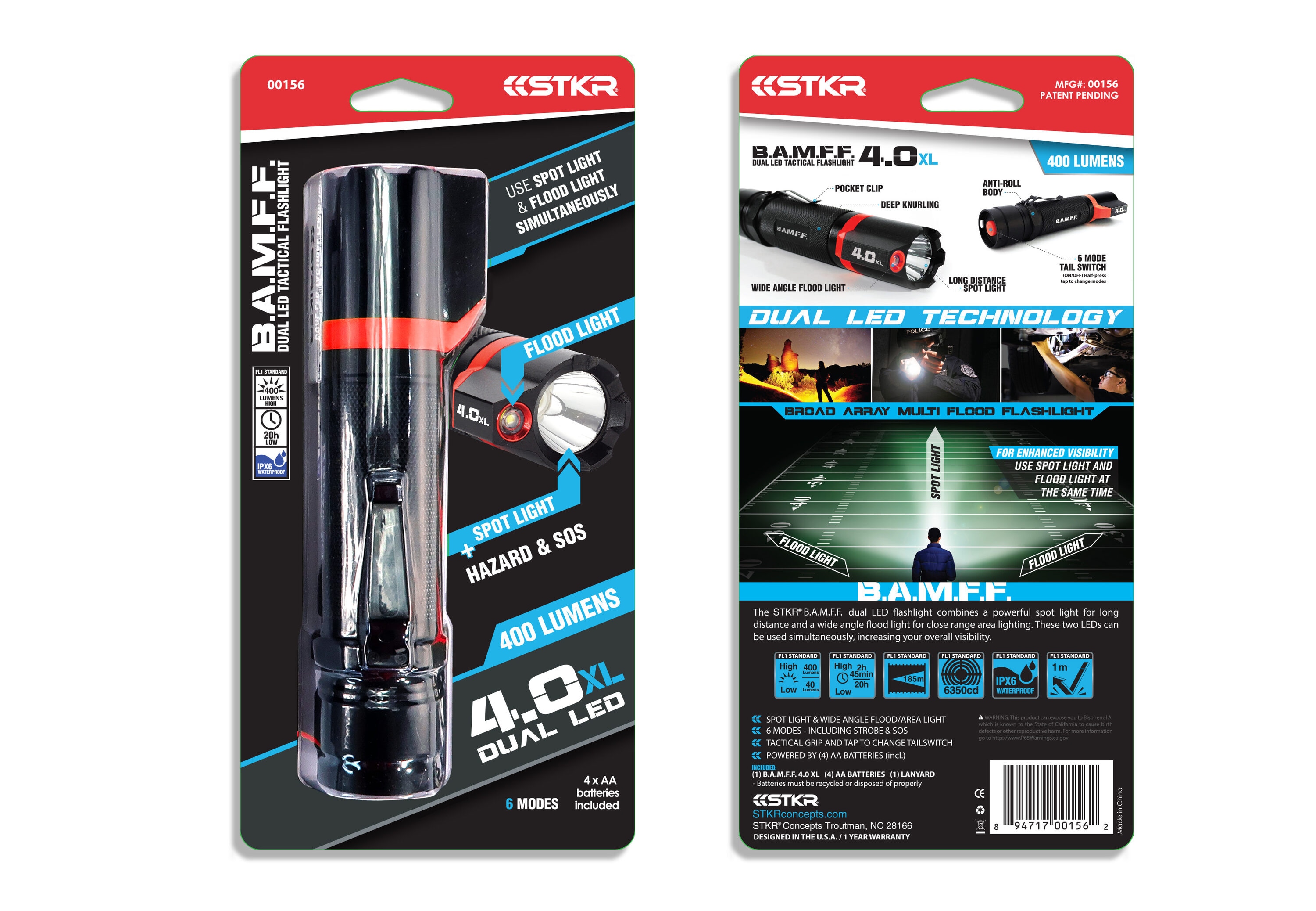 Foco de mano STKR BAMFF de 400 lúmenes con 6 modos de iluminación LED e incluye baterías 00156