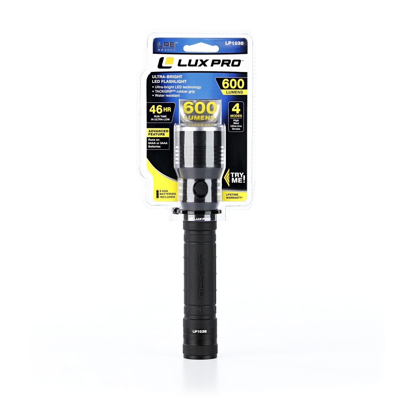 Linterna reflectora LED Lux-Pro de 600 lúmenes con 4 modos e incluye baterías LP1036