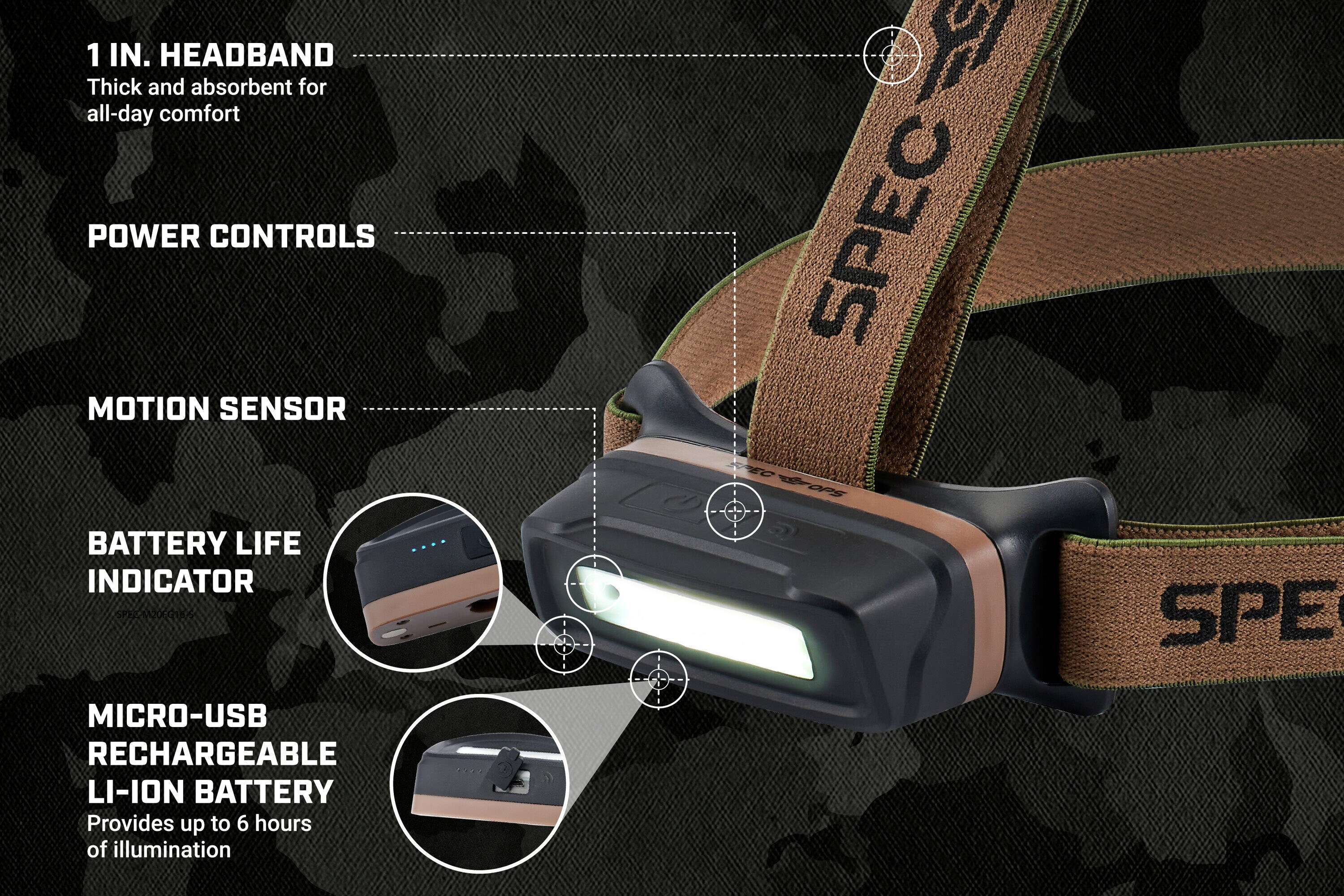 Lámpara frontal LED de 280 lúmenes de Spec Ops Tools con batería recargable incluida SPEC-HL280.