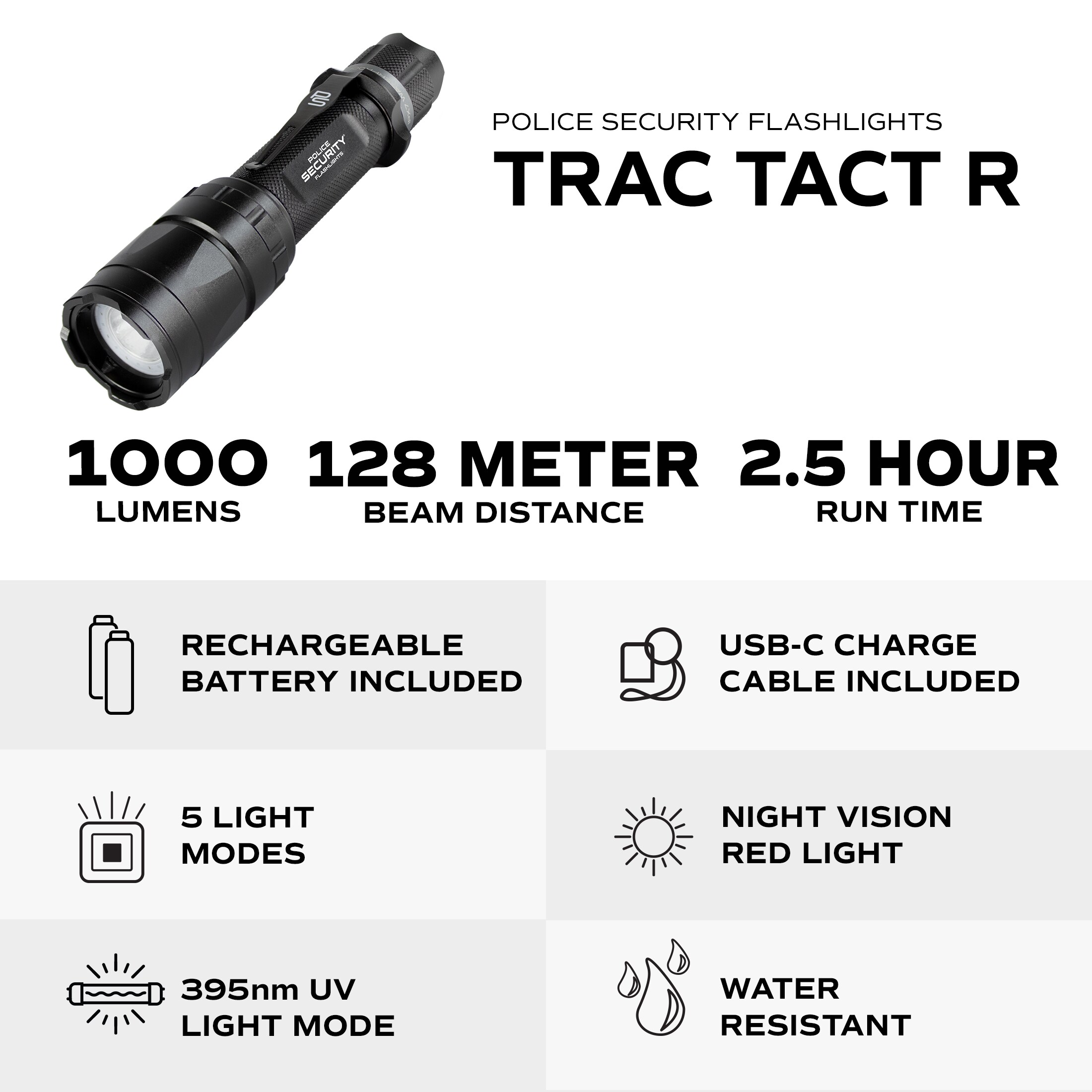 Linterna LED de 1000 lúmenes con 5 modos y baterías incluidas de Police Security Trac Tact R.