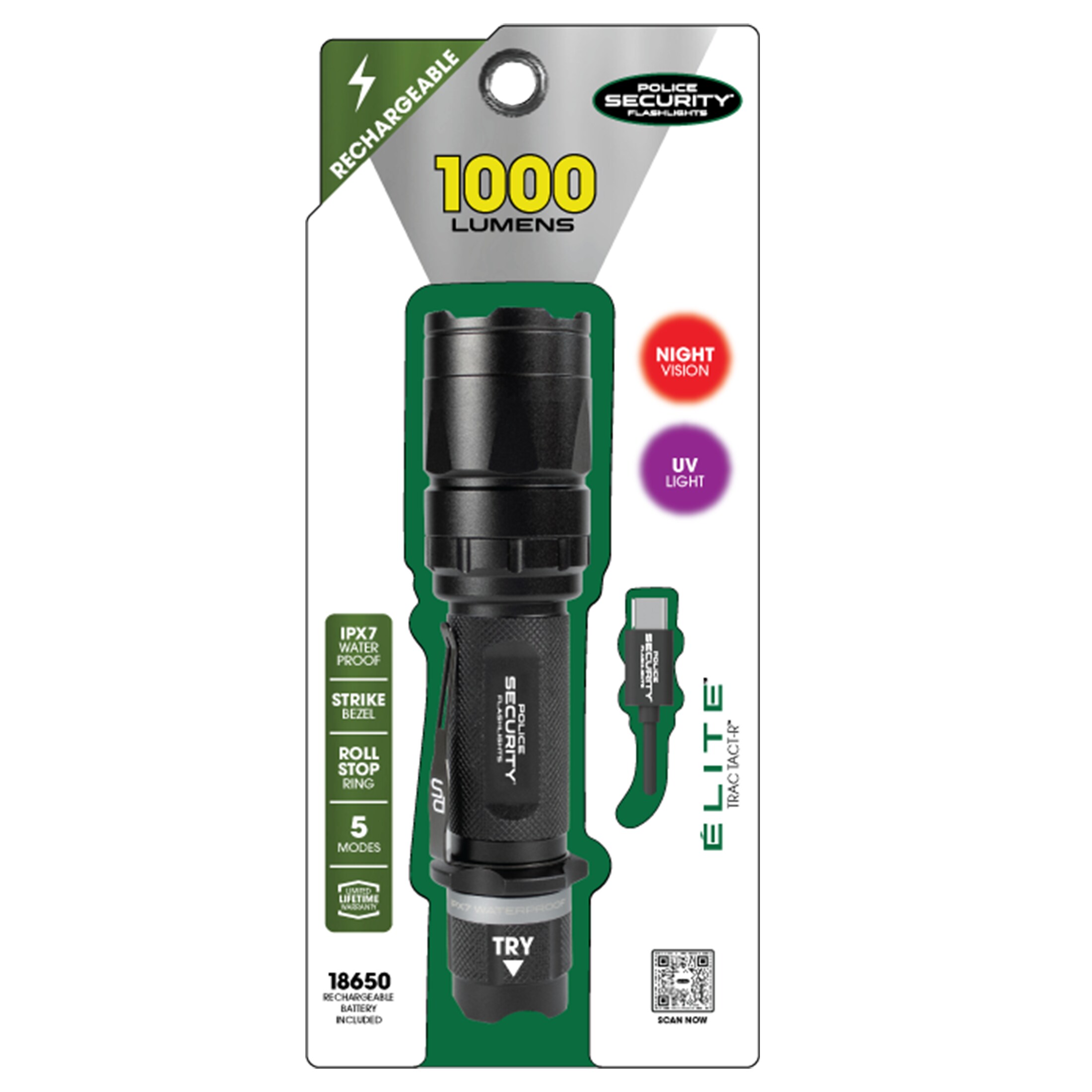 Linterna LED de 1000 lúmenes con 5 modos y baterías incluidas de Police Security Trac Tact R.