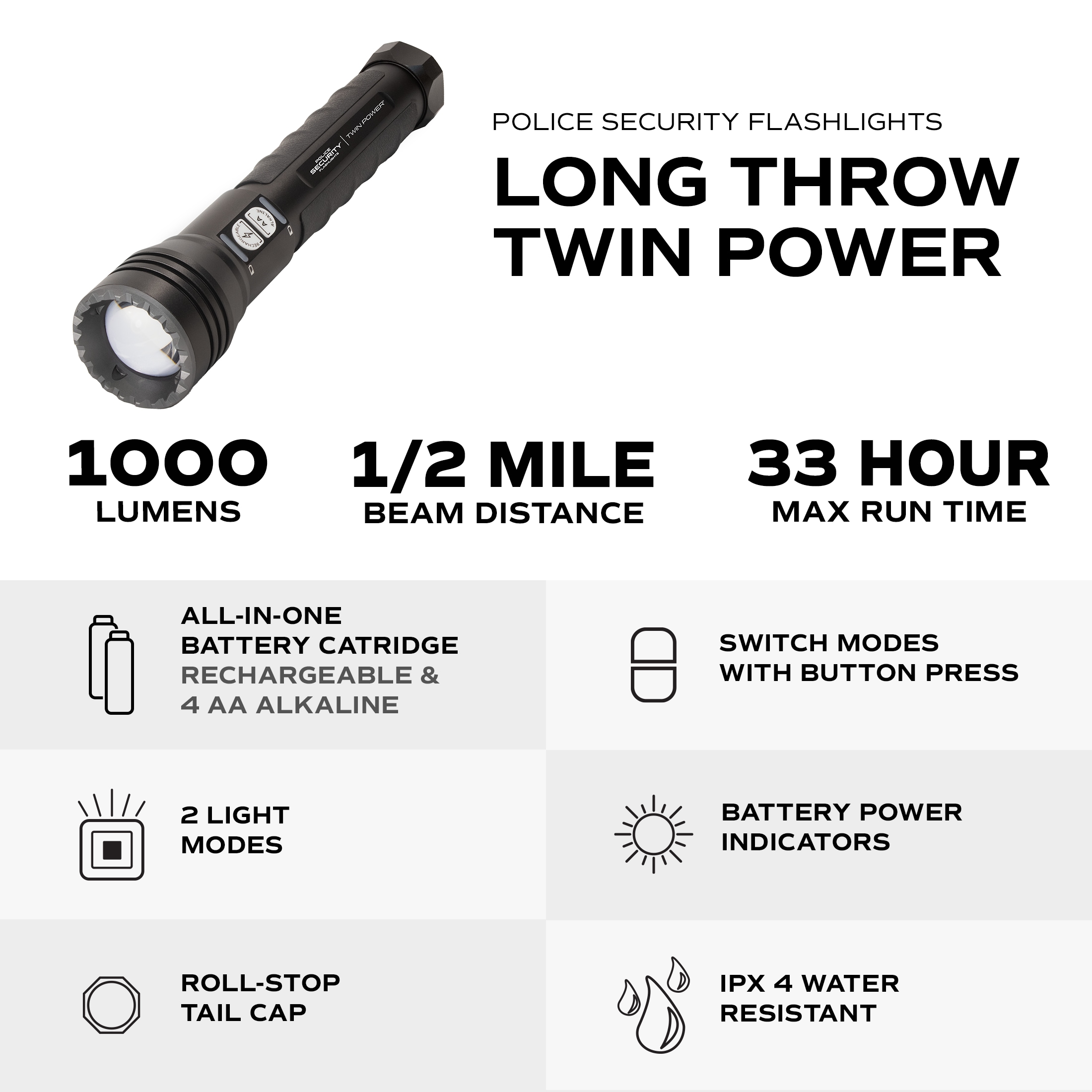 Linterna LED de Policía Security Twin Power de Largo Alcance TP50 de 1000 lúmenes con 4 modos y baterías recargables incluidas 97742