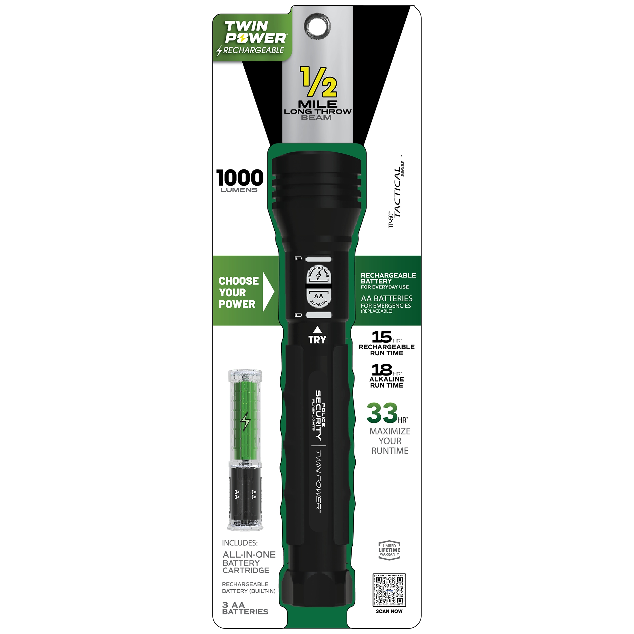 Linterna LED de Policía Security Twin Power de Largo Alcance TP50 de 1000 lúmenes con 4 modos y baterías recargables incluidas 97742