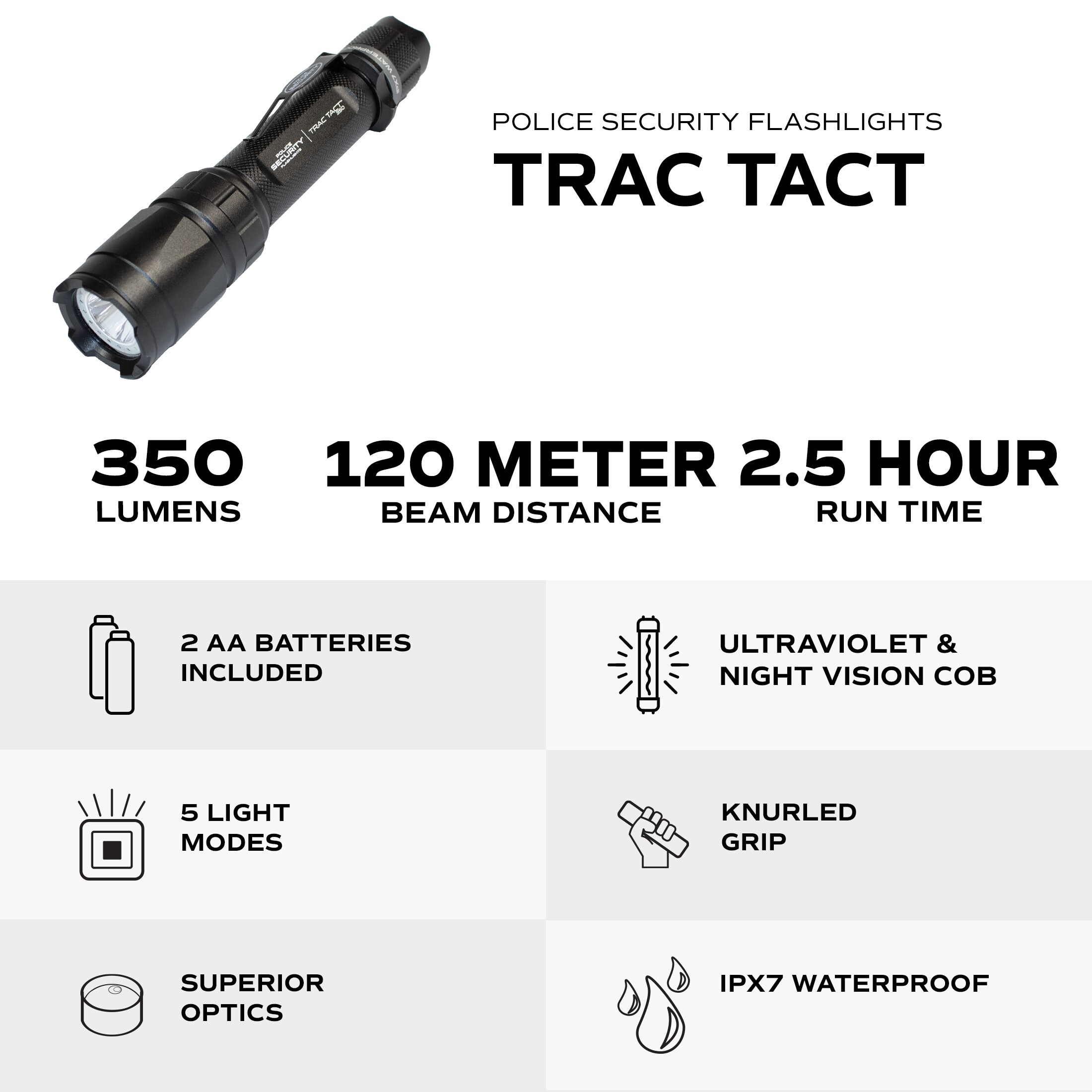 Linterna LED Police Security Trac Tact de 350 lúmenes con 5 modos y baterías incluidas 97999