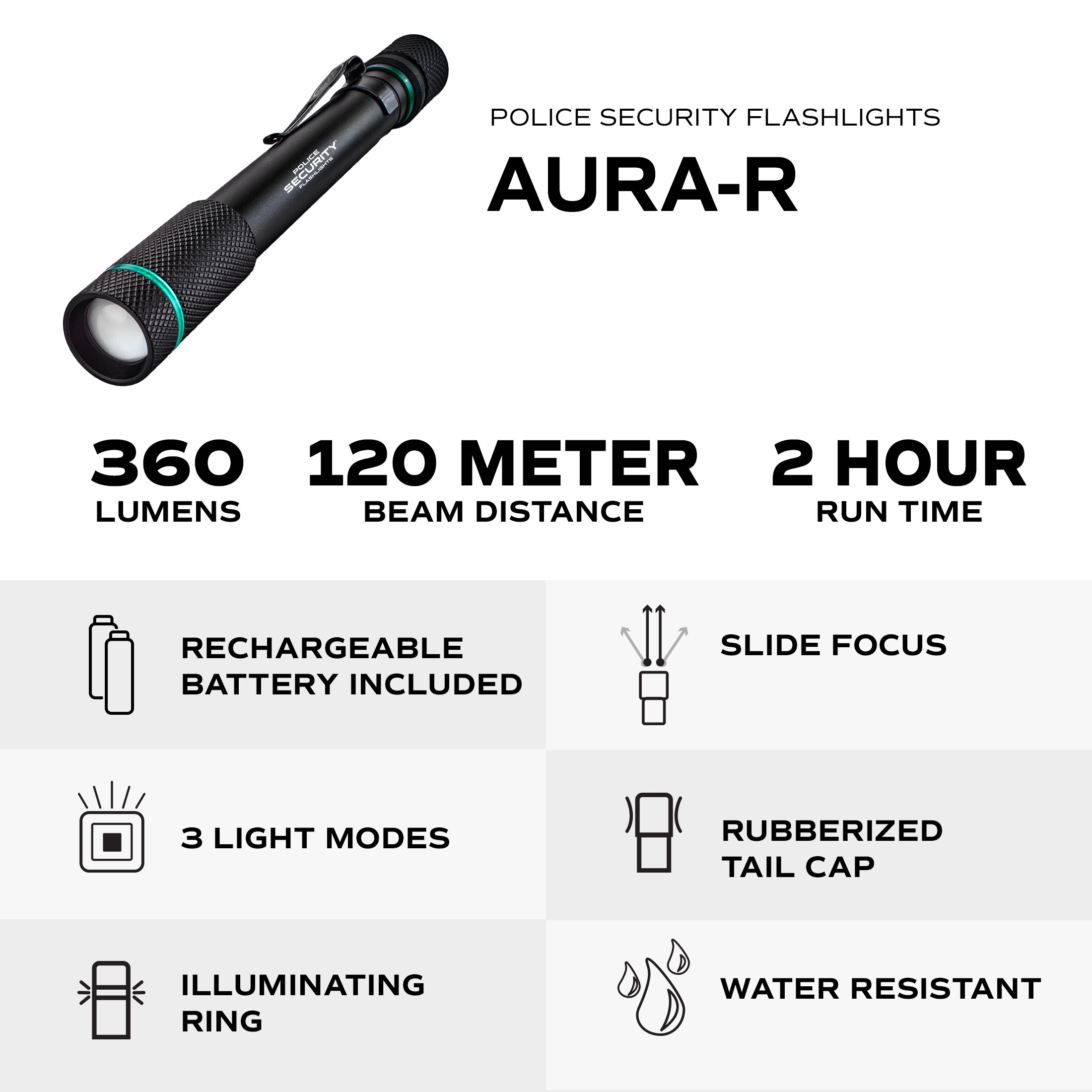Linterna LED Policíaca de Seguridad Aura-R de 360 lúmenes con 3 modos y baterías recargables incluidas 98542