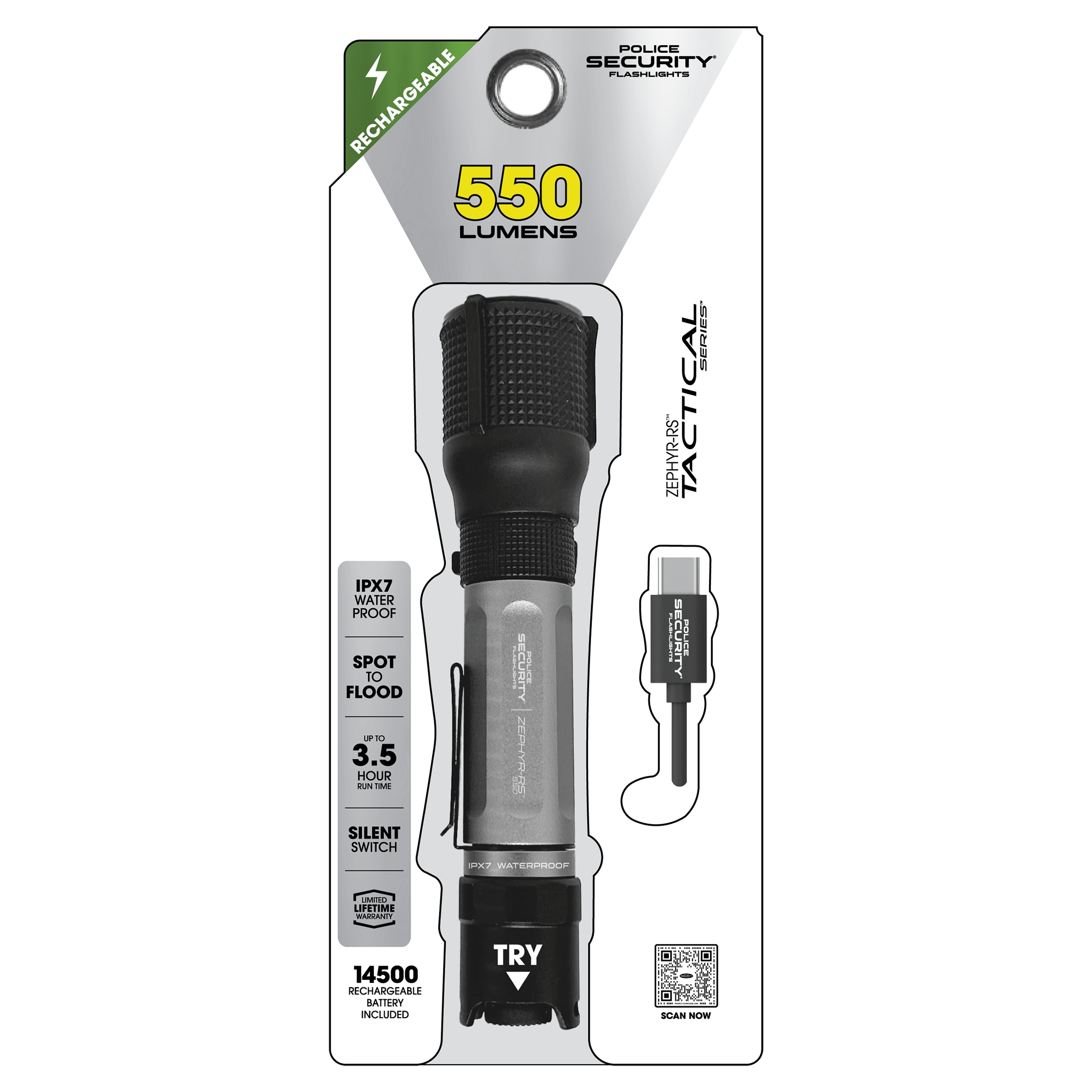 Linterna LED Zephyr-RS de 550 lúmenes de Police Security con 3 modos y baterías recargables incluidas 97712