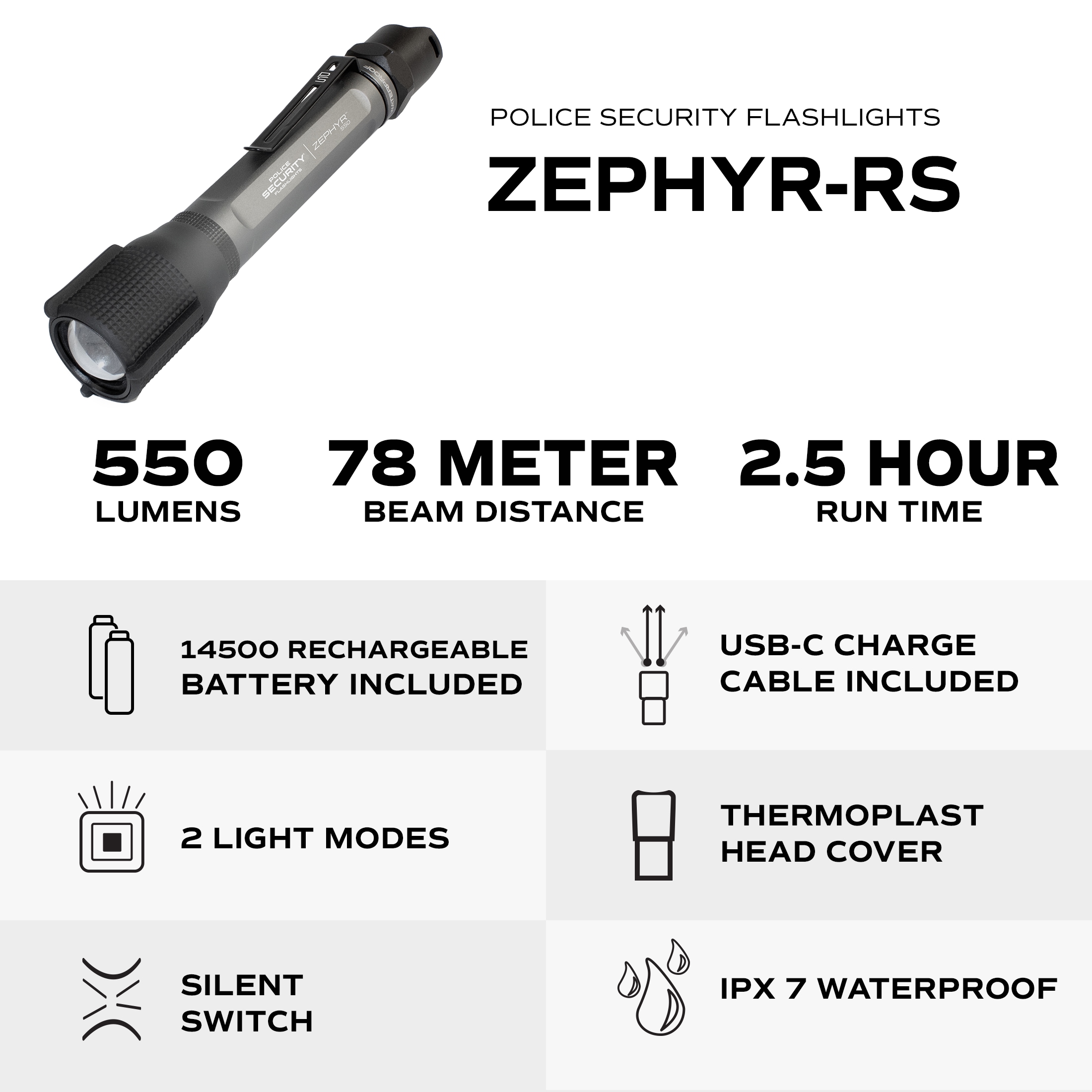 Linterna LED Zephyr-RS de 550 lúmenes de Police Security con 3 modos y baterías recargables incluidas 97712