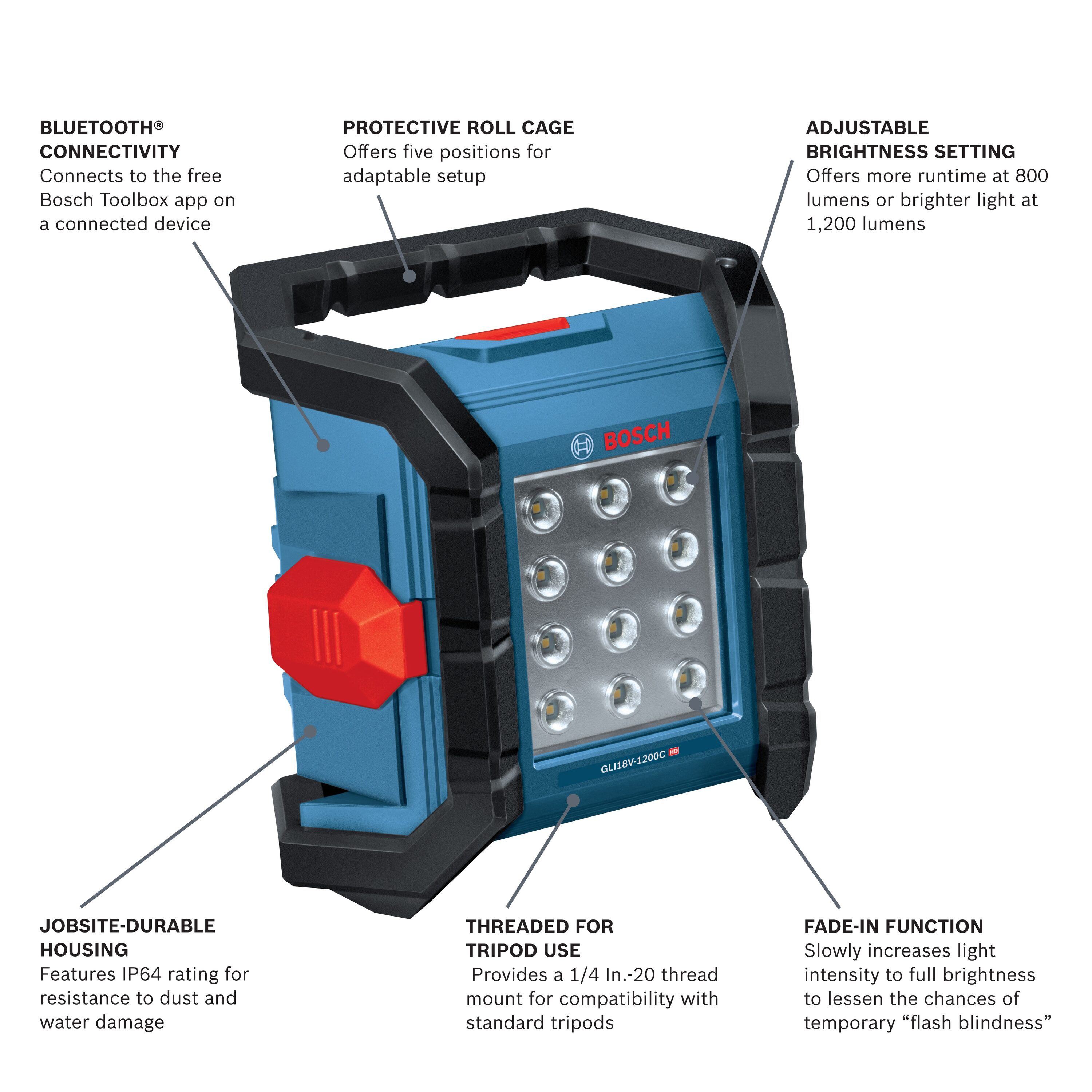 Lámpara recargable de 1200 lúmenes Bosch de 18 voltios con tecnología de iones de litio (Li-ion) y sin cable (Sólo herramienta)