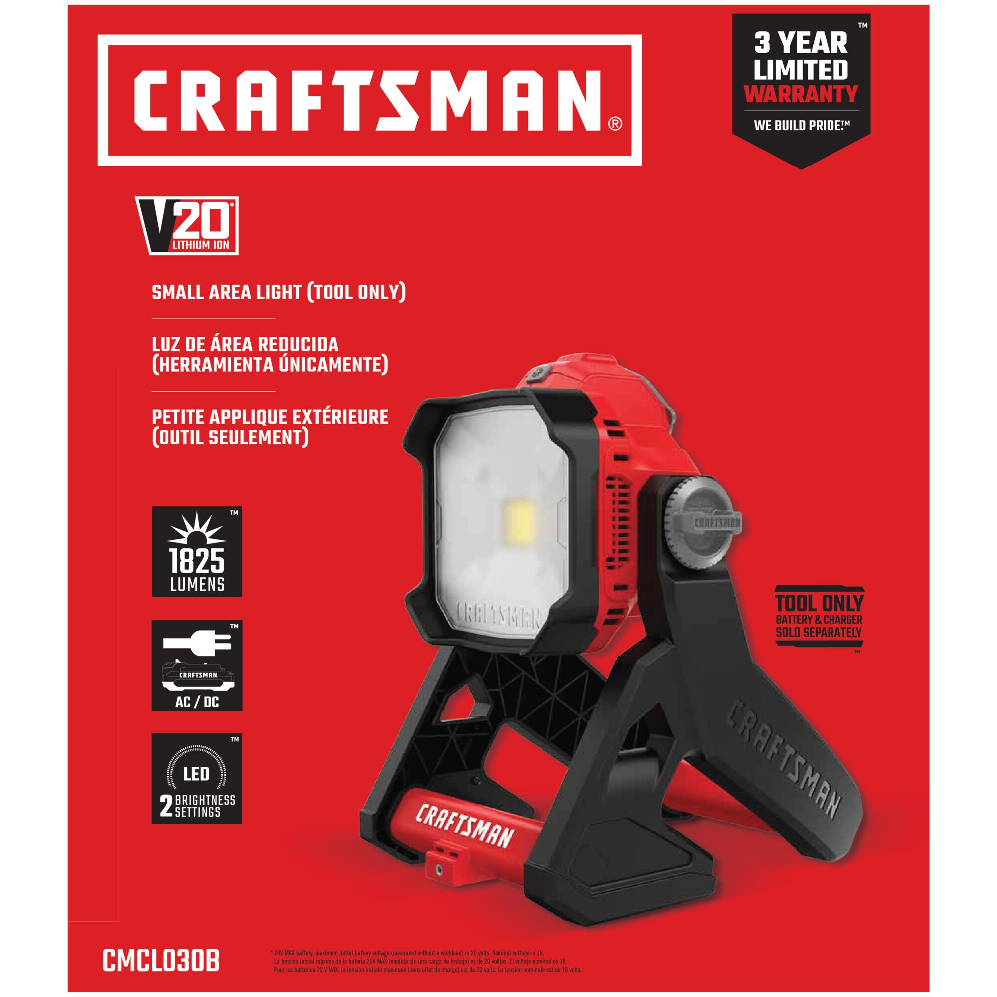 Linterna recargable para herramientas eléctricas CRAFTSMAN V20 de 20 voltios con batería de iones de litio de máxima potencia de 1825 lúmenes (herramienta solamente) CMCL030B