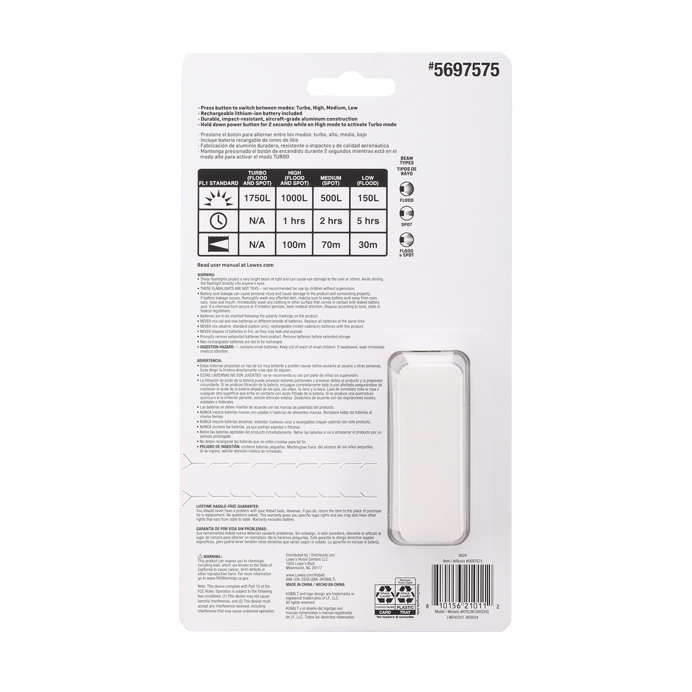 Linterna LED de 1000 lúmenes con 4 modos y baterías recargables incluidas de Kobalt