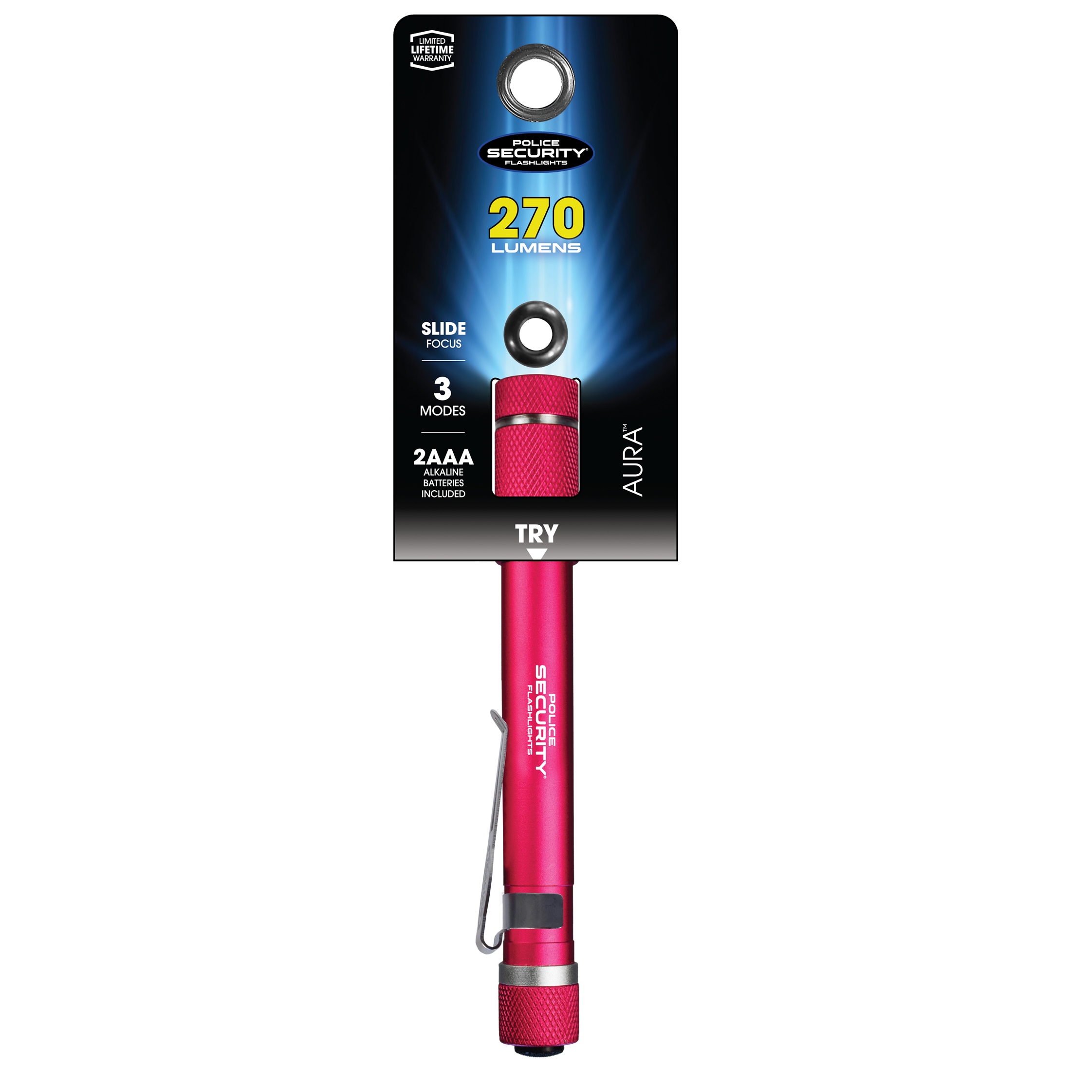 Lámpara de bolsillo Police Security Aura de 270 lúmenes con 3 modos de luz LED y pilas incluidas 98419