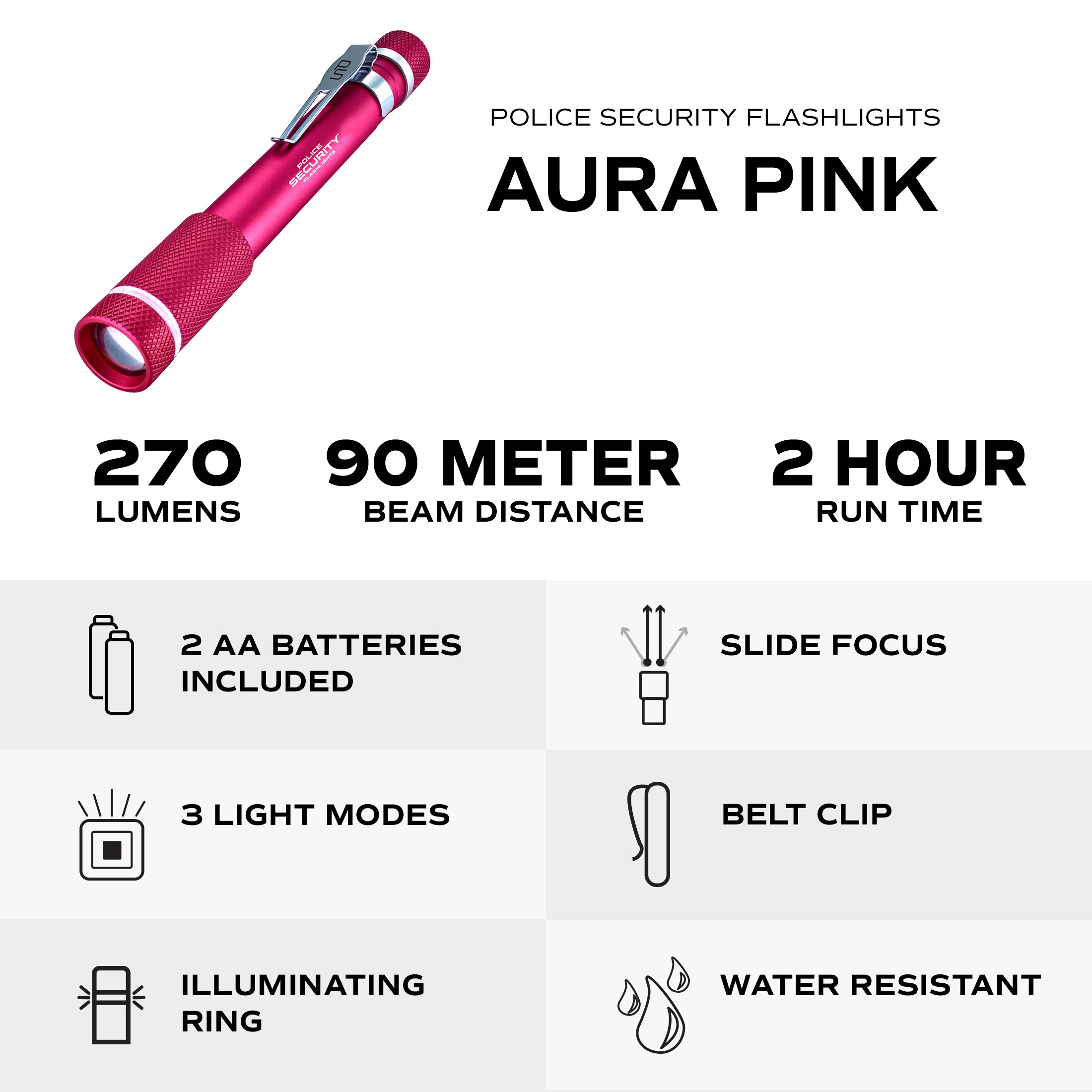 Lámpara de bolsillo Police Security Aura de 270 lúmenes con 3 modos de luz LED y pilas incluidas 98419