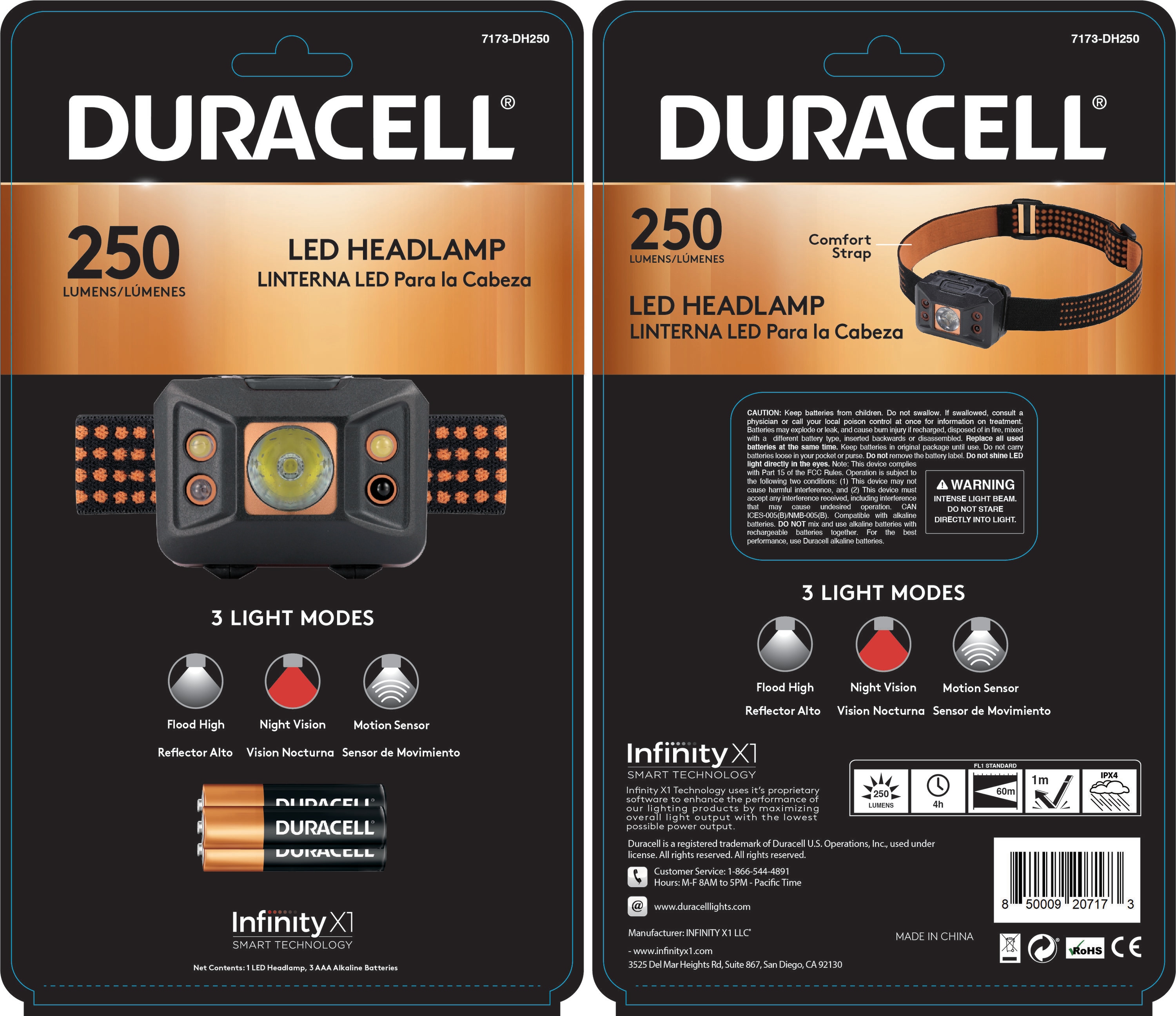 Lámpara frontal de 250 lúmenes Duracell con baterías incluidas 7173-DH250