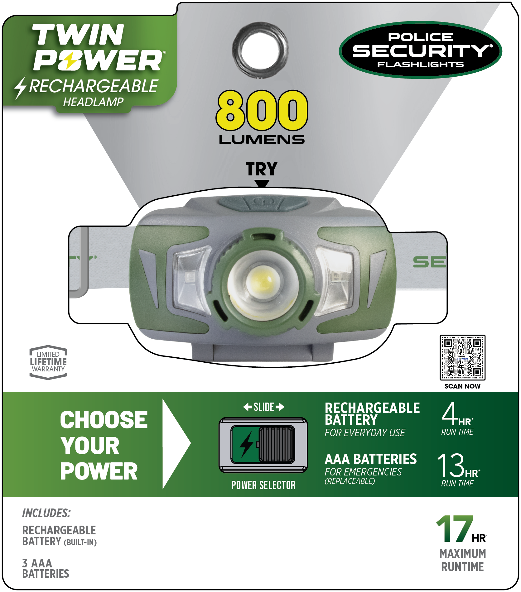 Lámpara de cabeza de doble potencia Police Security de 800 lúmenes con batería recargable incluida 97708.