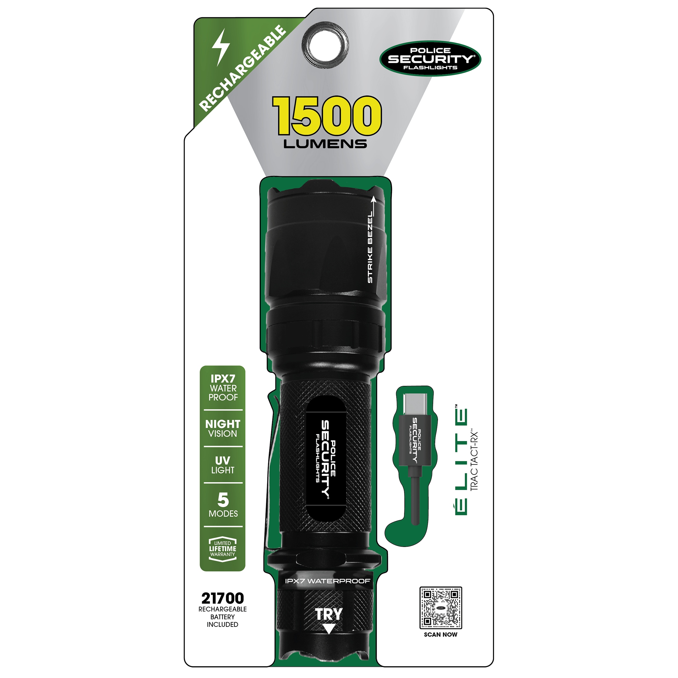 Linterna LED Police Security Trac Tact RX de 1500 lúmenes con 5 modos y baterías recargables incluidas 97982
