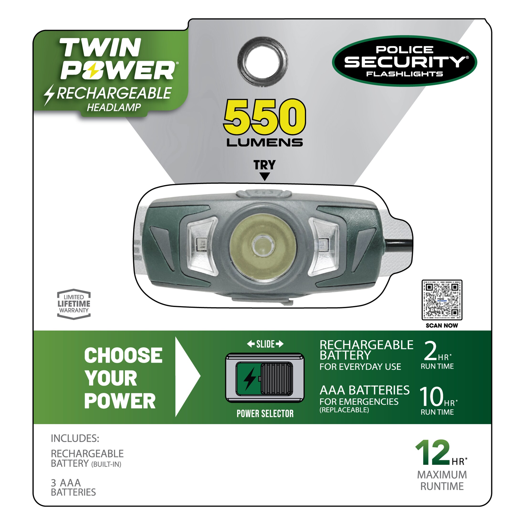 Lámpara frontal LED Police Security Twin Power de 550 lúmenes con batería recargable incluida 97743