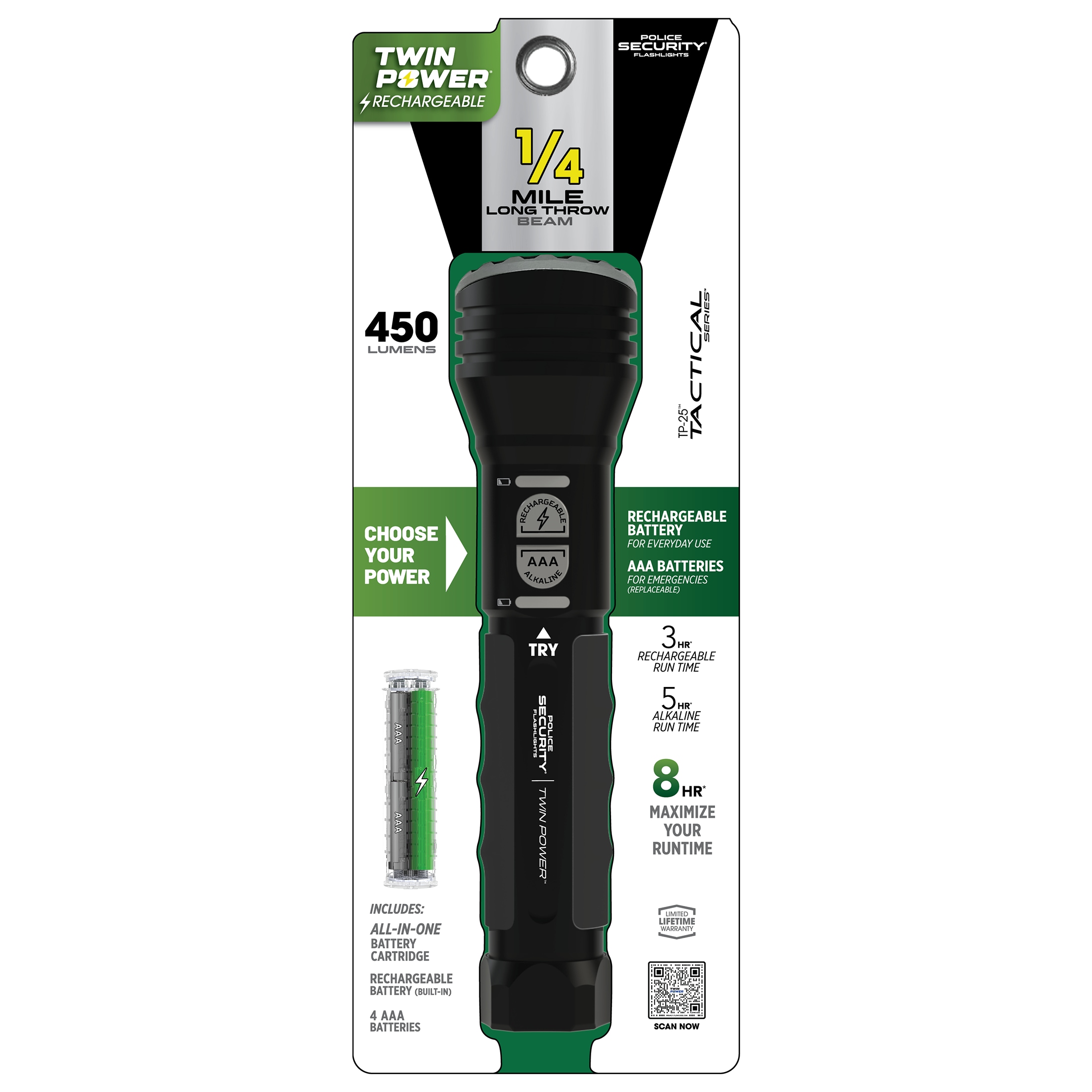 Linterna LED de Policía de Seguridad con Doble Potencia de 450 lúmenes, 4 modos y Baterías Recargables incluidas 97741