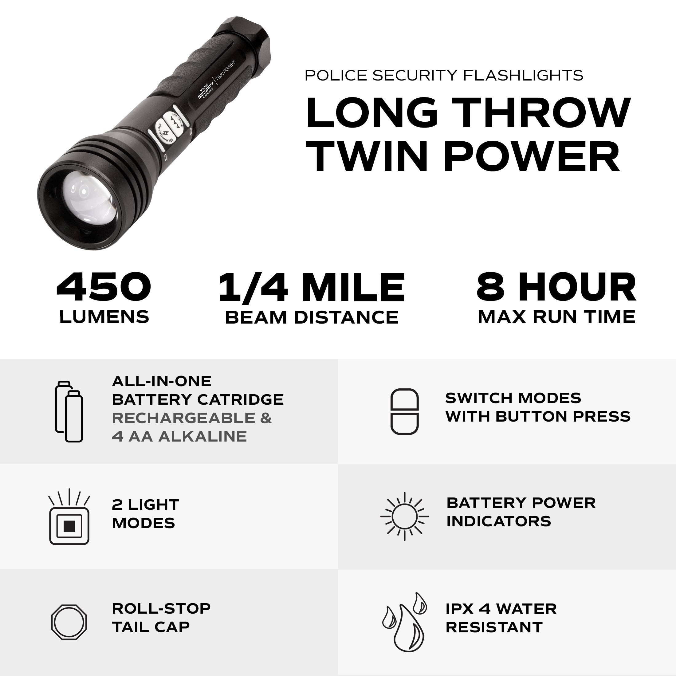 Linterna LED de Policía de Seguridad con Doble Potencia de 450 lúmenes, 4 modos y Baterías Recargables incluidas 97741