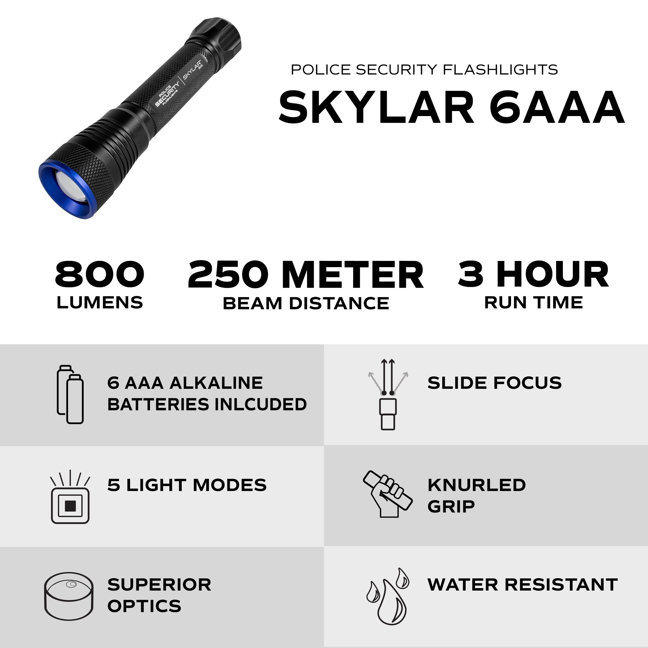 Linterna LED Police Security Skylar de 800 lúmenes y 6 pilas AAA con 5 modos de iluminación incluidas