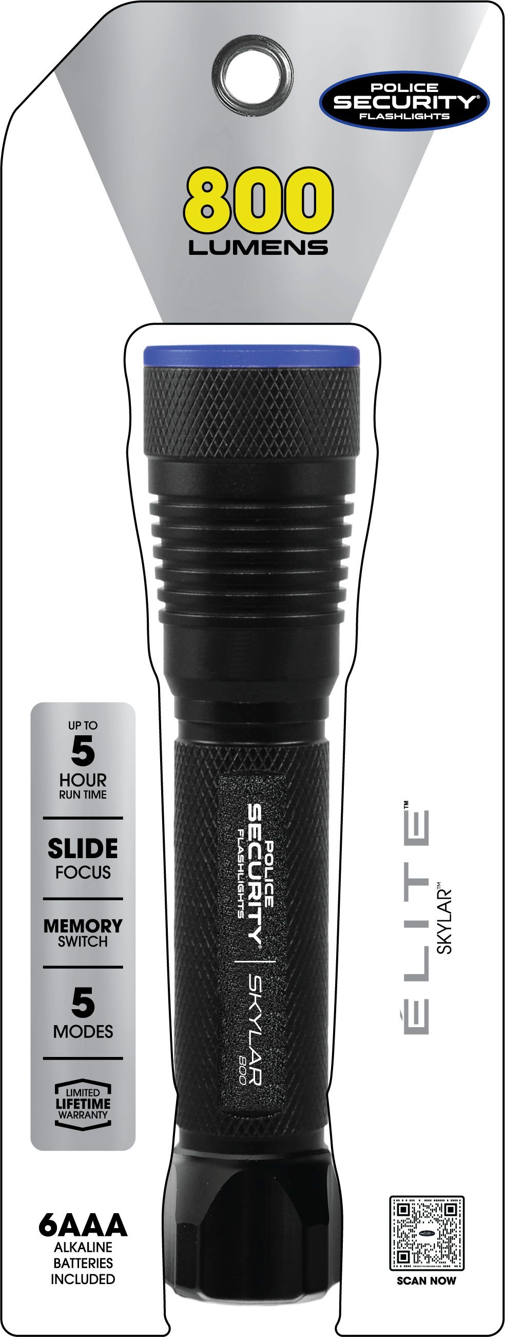 Linterna LED Police Security Skylar de 800 lúmenes y 6 pilas AAA con 5 modos de iluminación incluidas