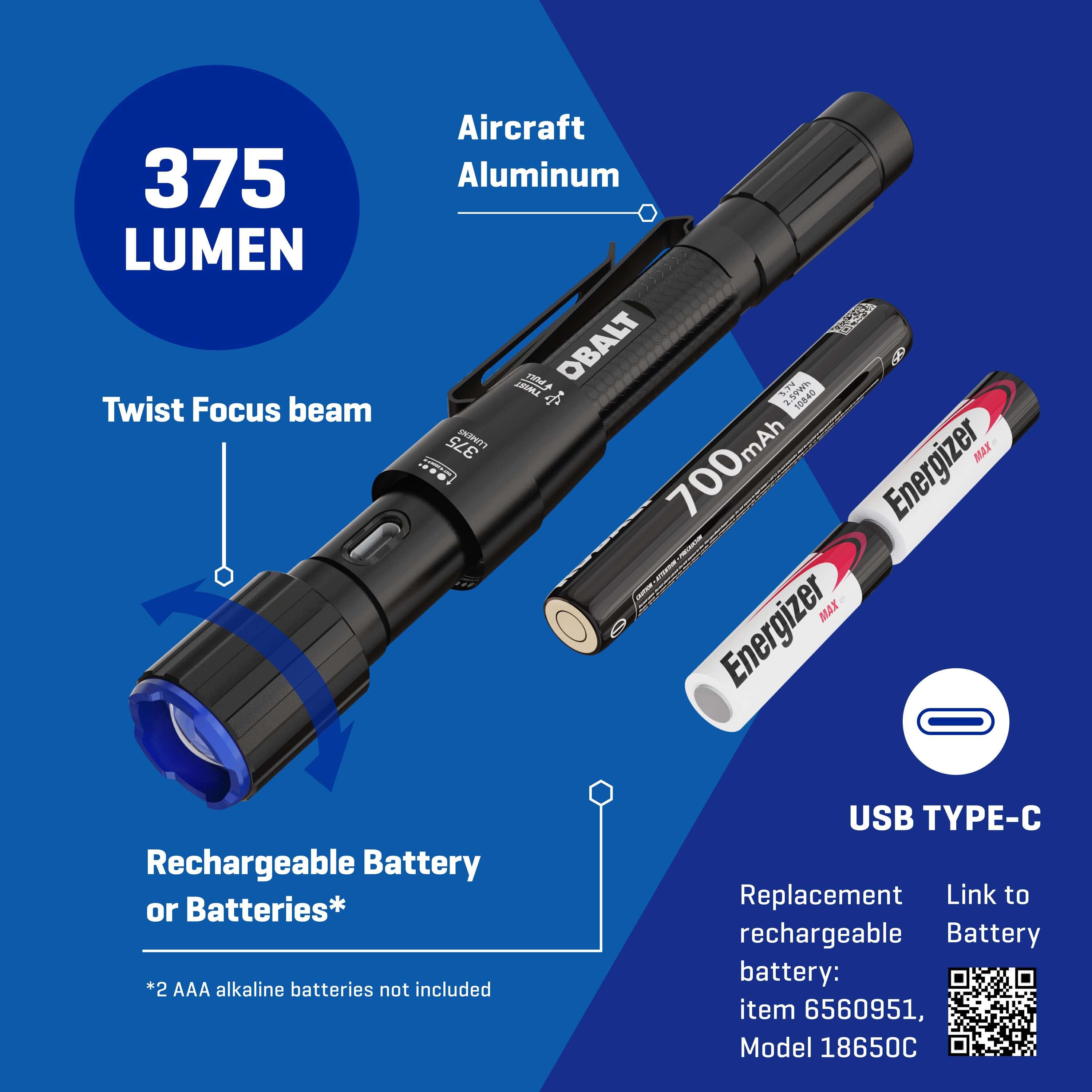 Linterna LED Kobalt de 375 lúmenes con 3 modos y baterías recargables incluidas KF375DP