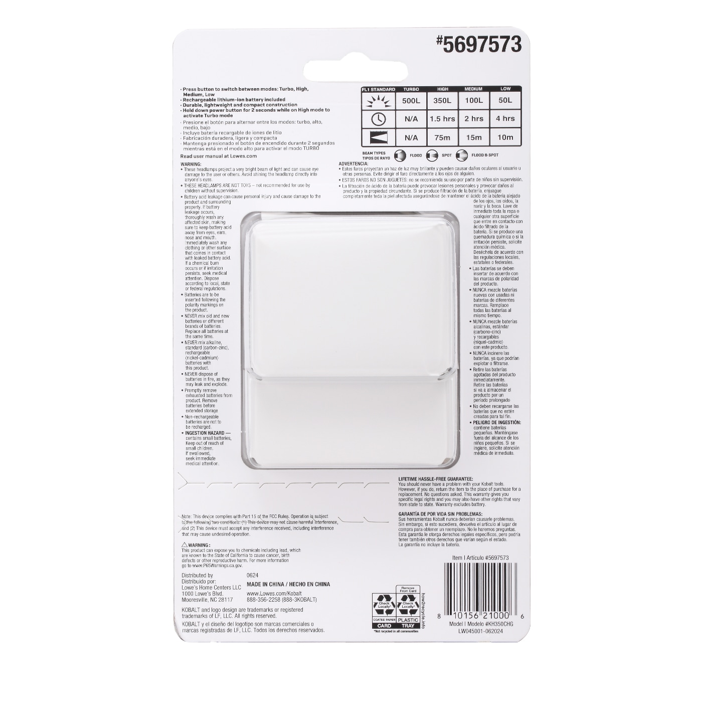 Lámpara frontal LED Kobalt de 350 lúmenes con batería recargable incluida KH350CHG