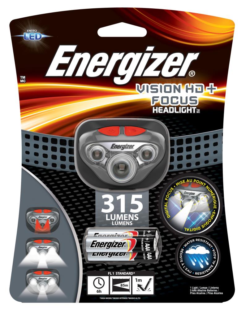 Linterna frontal LED Energizer Vision HD de 315 lúmenes con batería incluida.