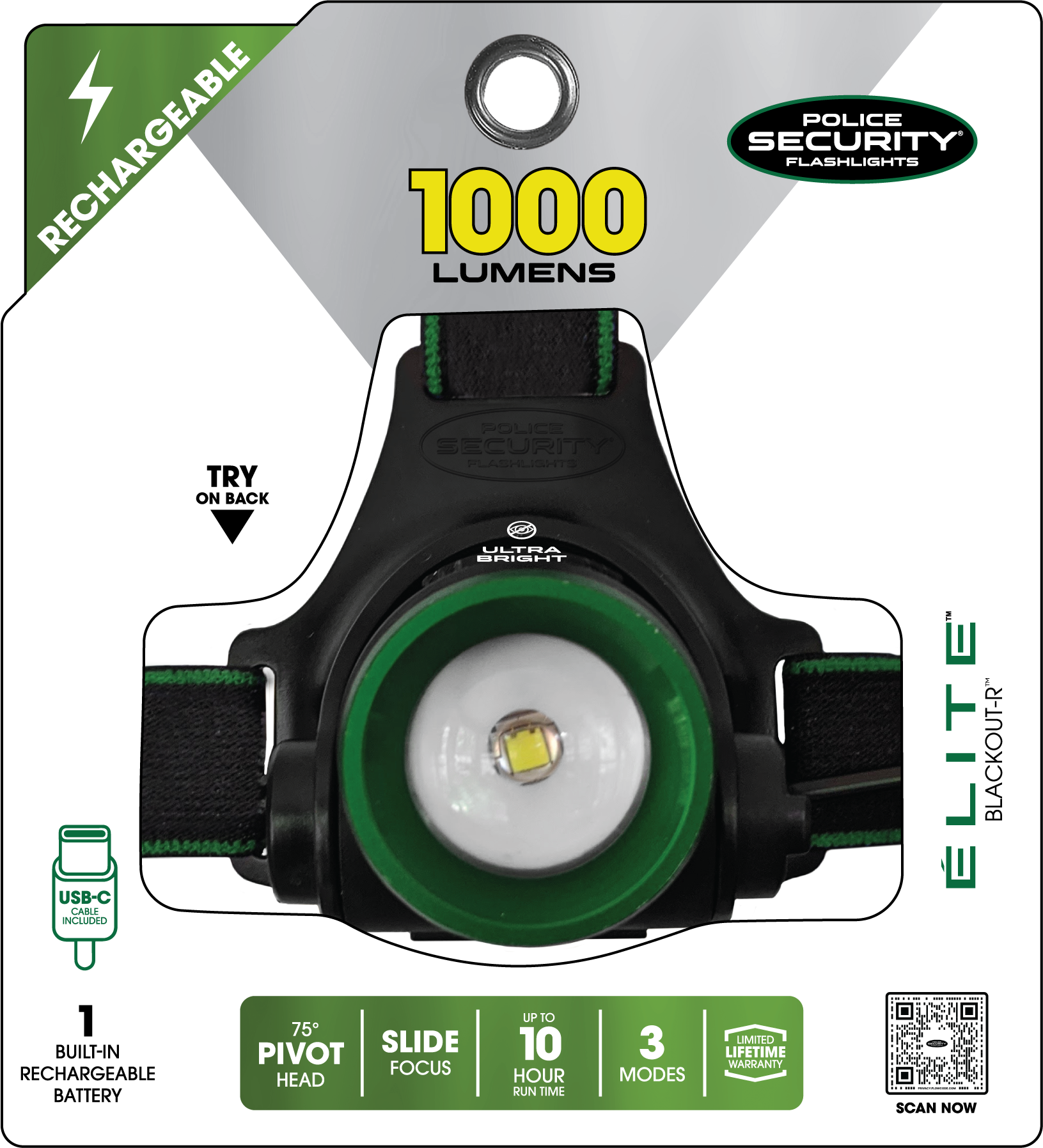 Lámpara de cabeza LED Police Security Blackout-R de 1000 lúmenes con batería recargable incluida 98730