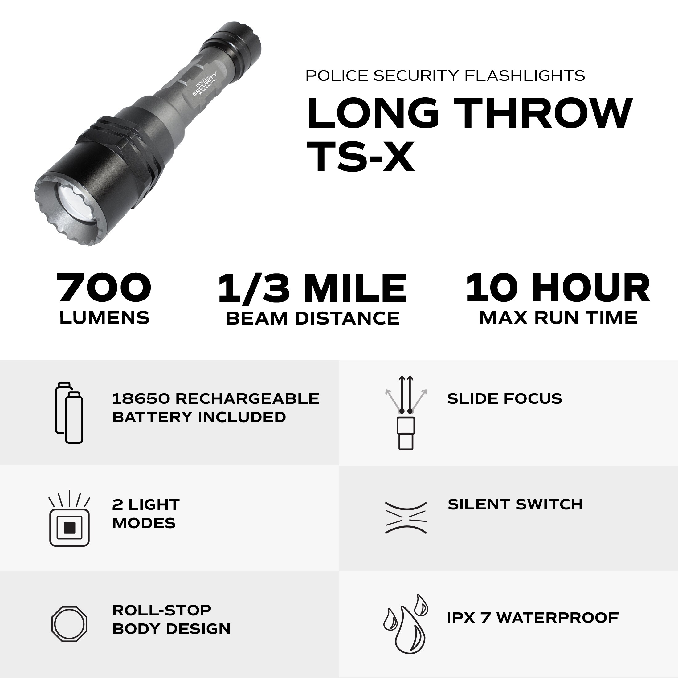 Luz táctica de largo alcance TS-X de Policía Seguridad 700 lúmenes con 4 modos y baterías recargables incluidas