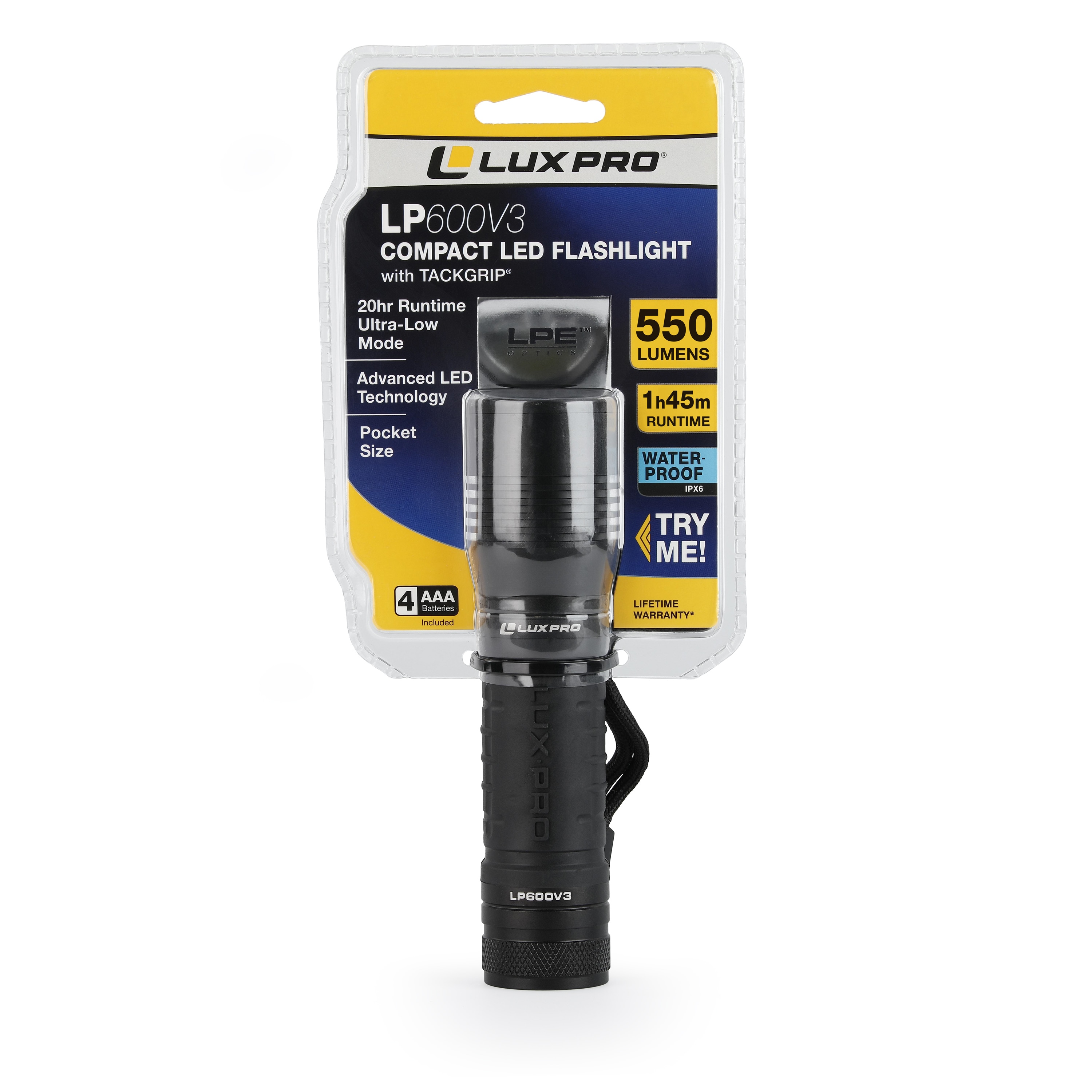 Linterna de mano Lux-Pro de 550 lúmenes con 4 modos de luz LED y baterías incluidas LP600V3