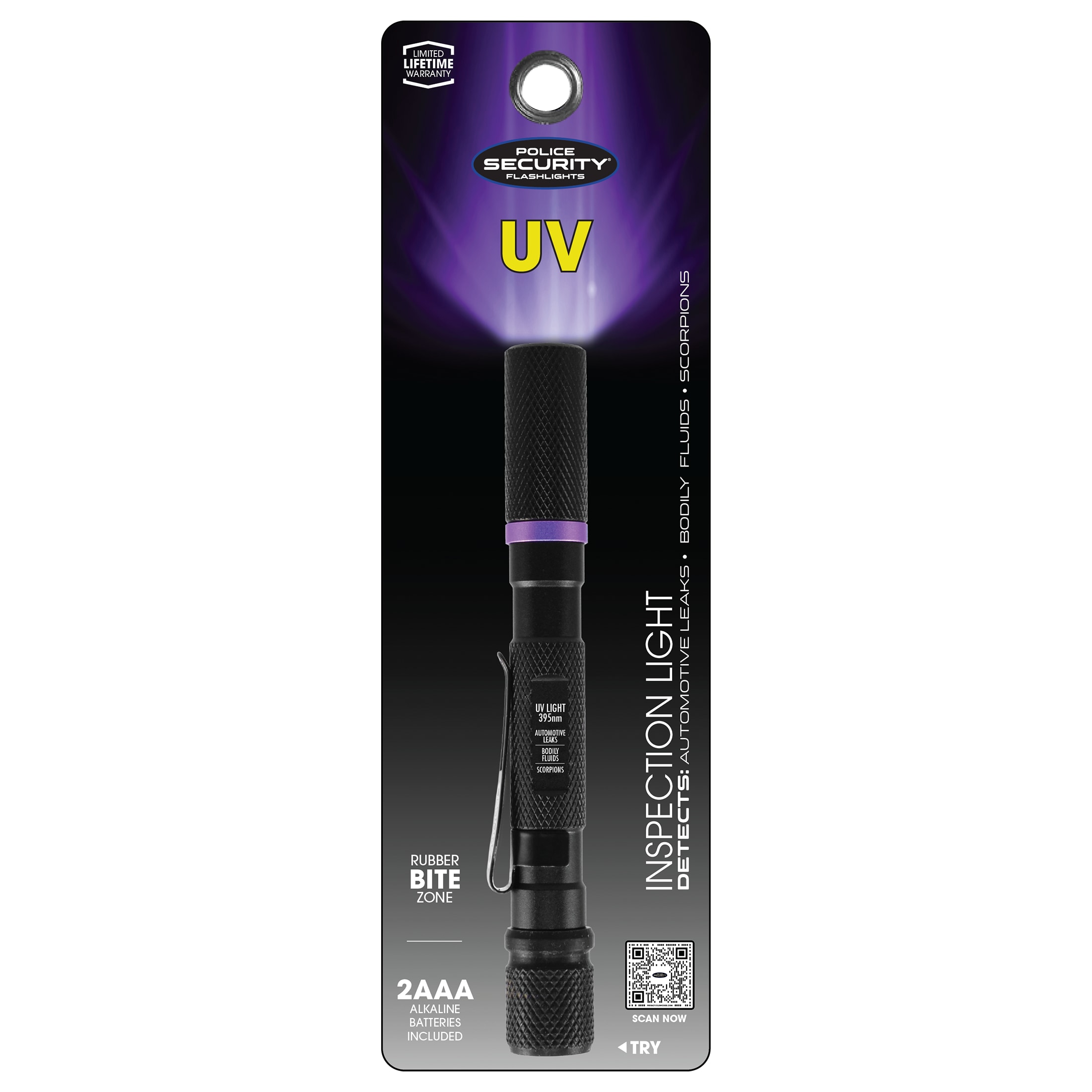 Linterna de luz ultravioleta 2AAA Police Security de 395nm con baterías incluidas - 1 modo de luz ultravioleta