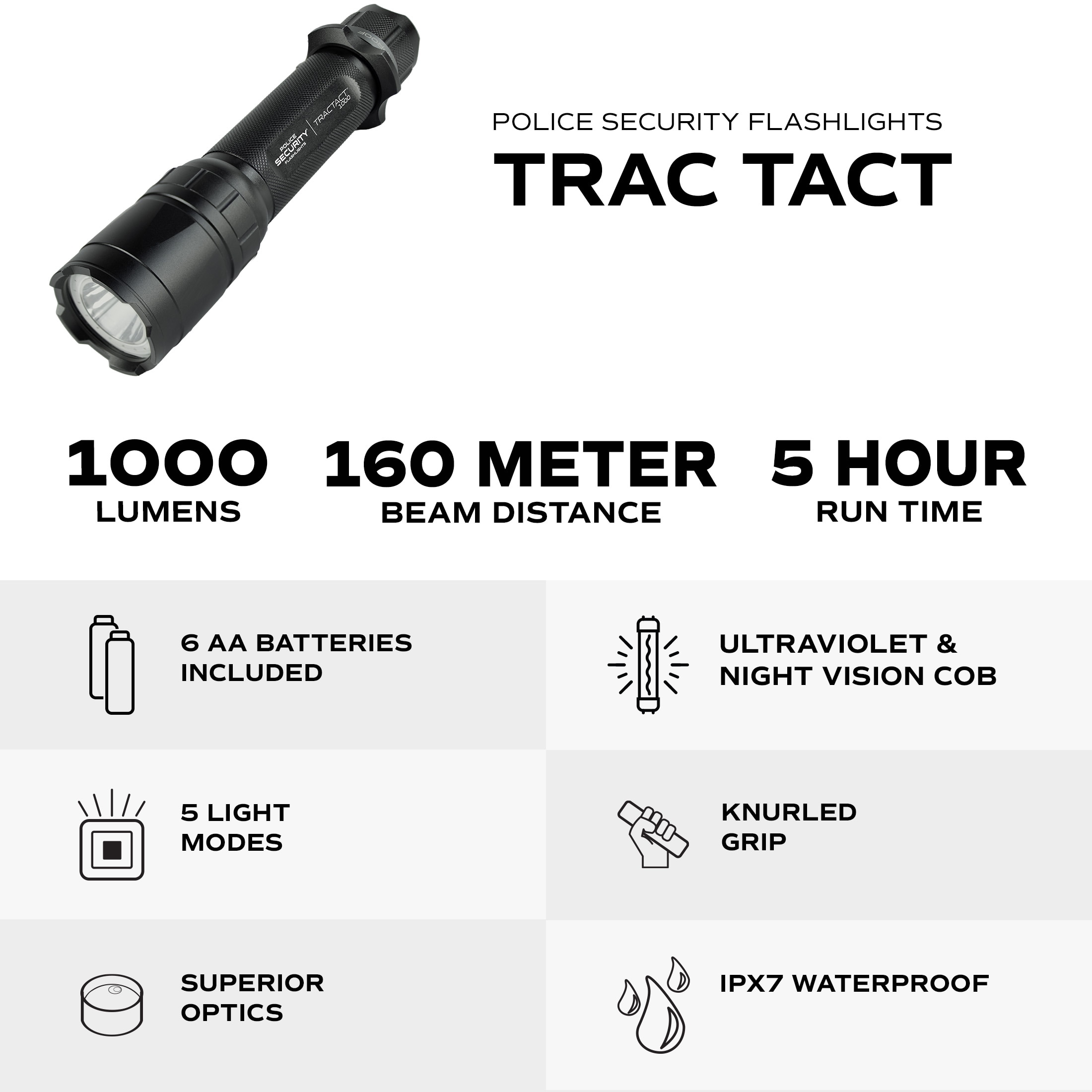 Linterna Policía Seguridad Trac Tact 6AA con Visión Nocturna (Rojo) y Luz UV 1000 lúmenes 5 Modos de Luz UV con Pilas Incluidas 99449