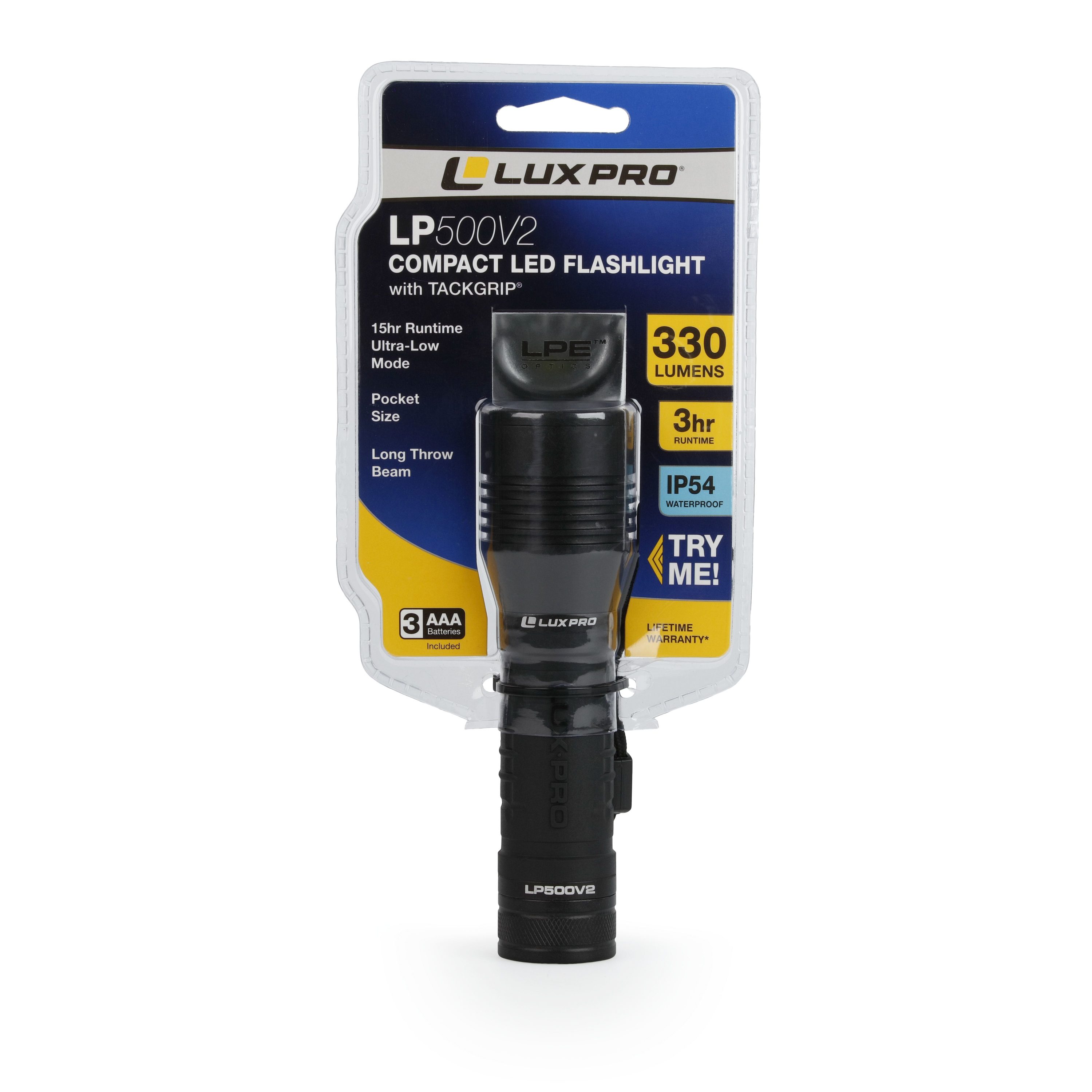 Linterna de mano Lux-Pro con 330 lúmenes y 4 modos de iluminación, incluye baterías LP500V2