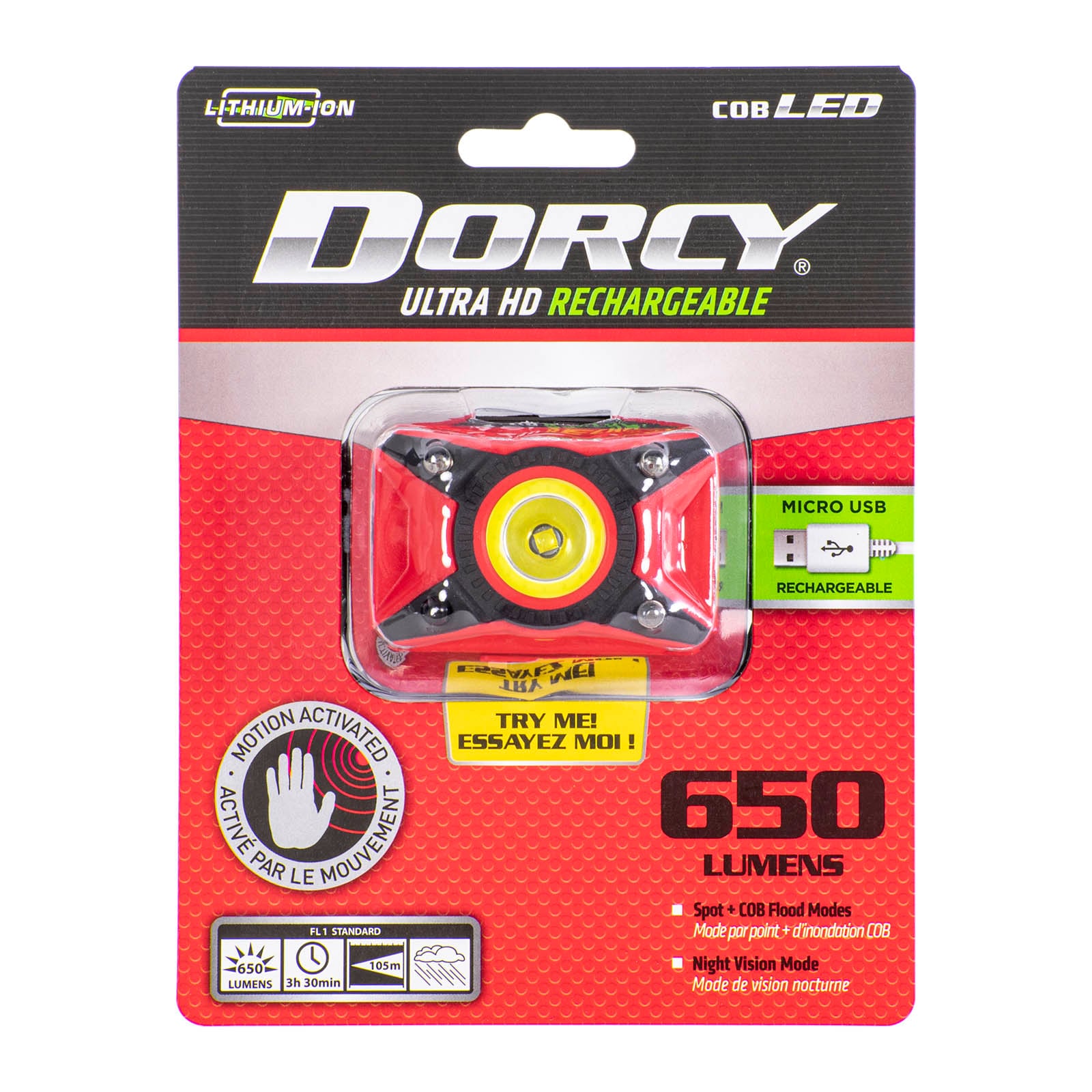 Lámpara frontal LED de 650 lúmenes de Dorcy International con batería recargable incluida 41-4337