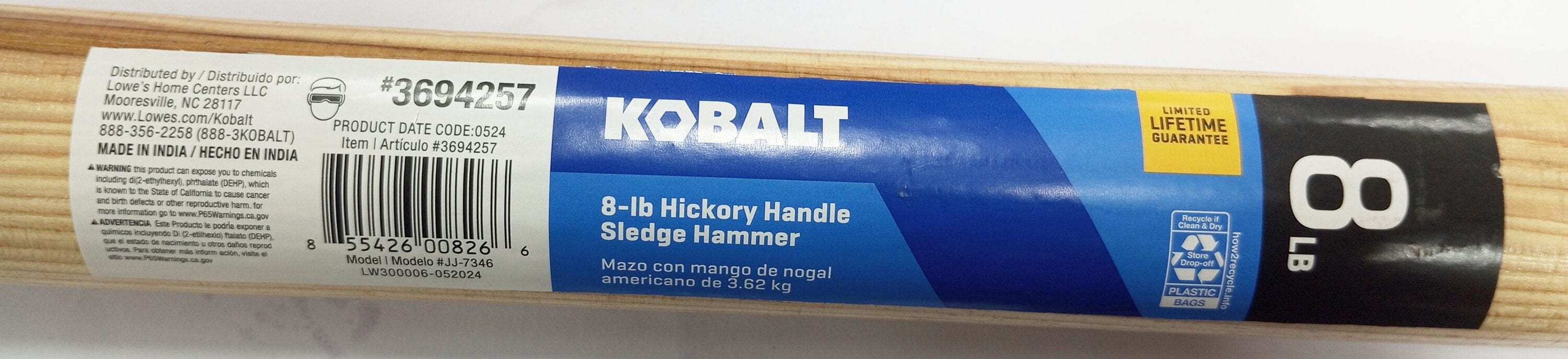Mazo de Ingeniería con Cabeza de Acero Lisa de 8 lb y Mango de Madera - Kobalt JJ-7346