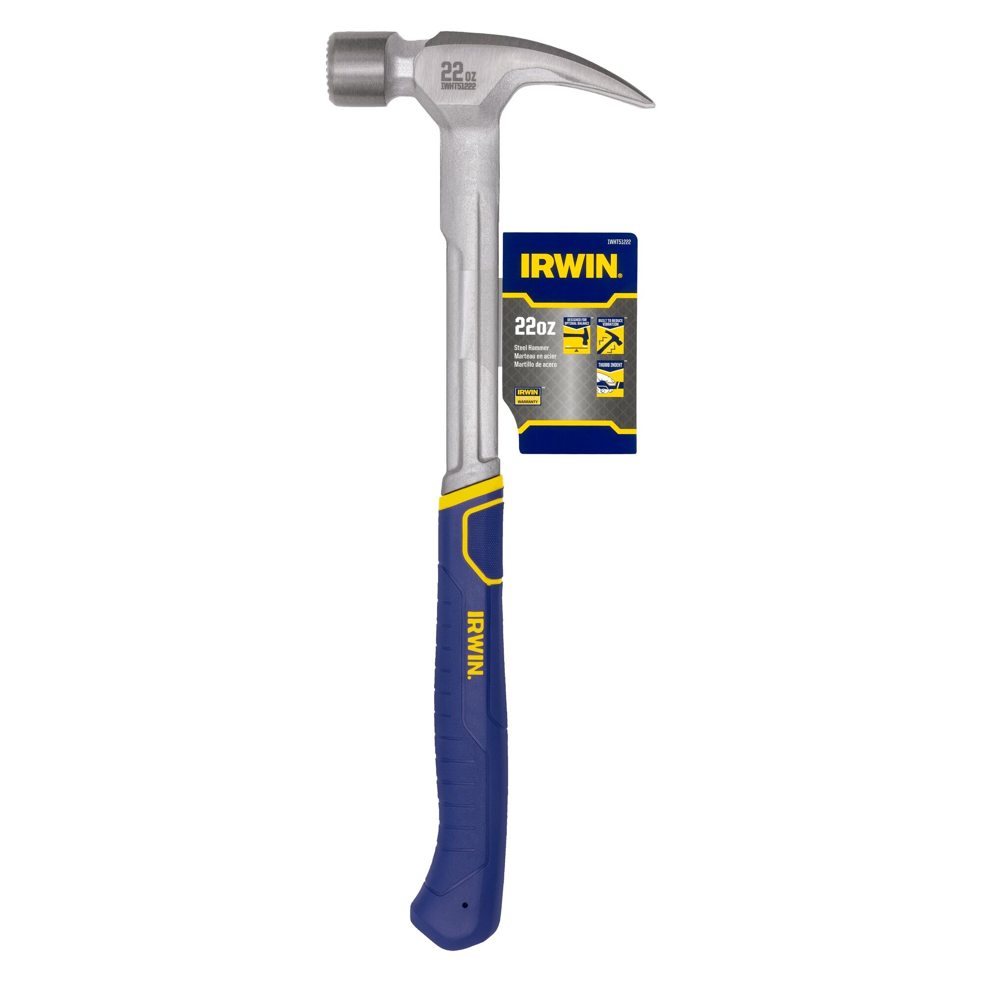 Martillo de garra con cabeza de acero liso de 22 onzas y mango de acero IRWIN IWHT51222