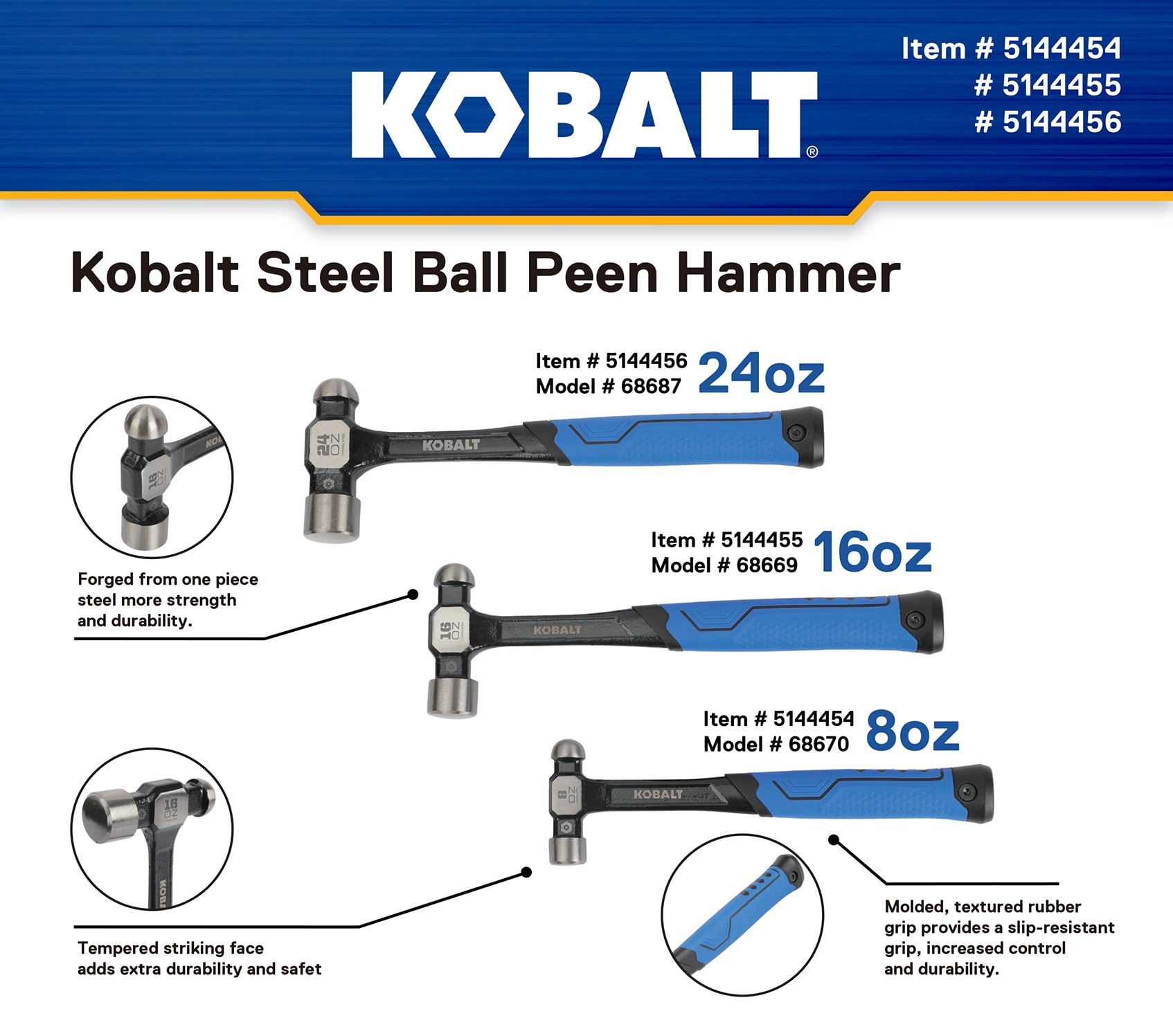 Martillo de bola de acero con mango de acero de 8 onzas suave - Kobalt 68670