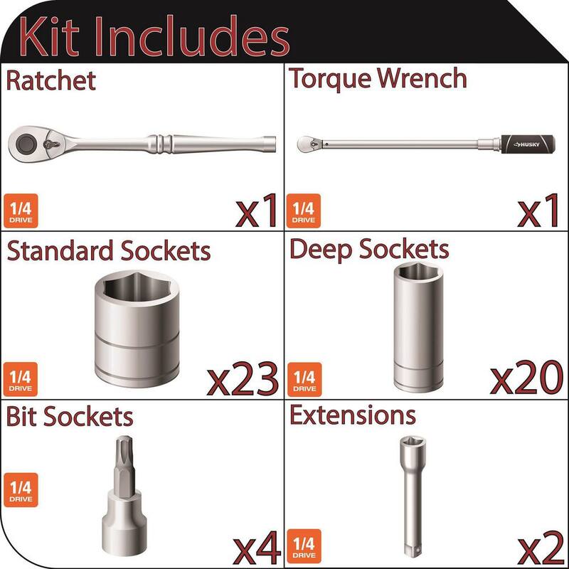 Set de herramientas mecánicas Husky de 1/4 de pulgada con llave dinamométrica de accionamiento (51 piezas) - H50MTS4DTWCB
