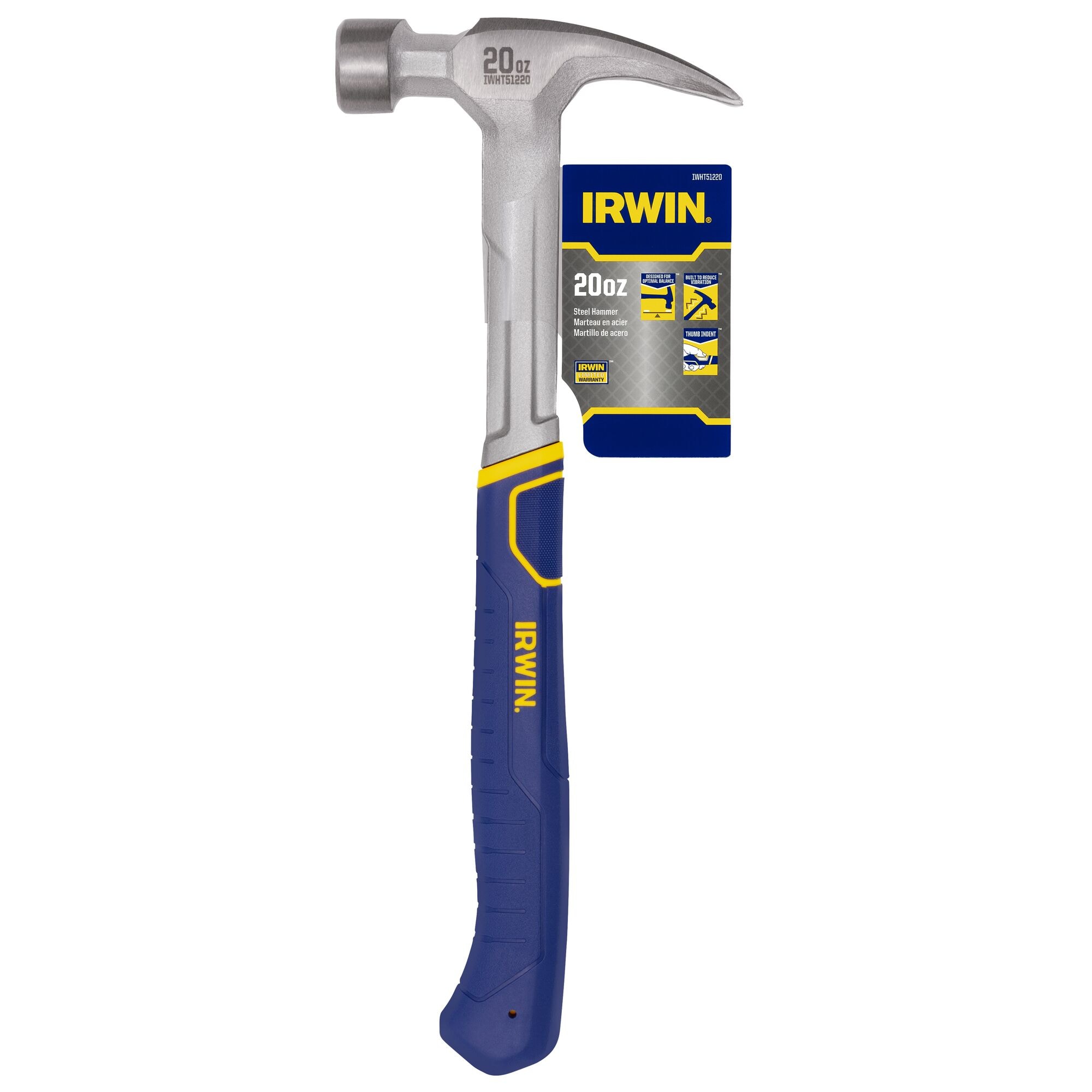 Martillo de garra de cabeza de acero con mango de acero de 20 onzas IRWIN IWHT51220