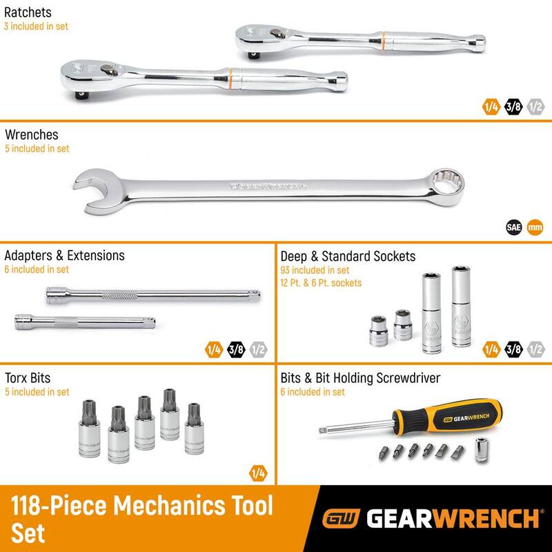 Juego de herramientas para mecánicos GEARWRENCH de 1/4, 3/8 y 1/2 pulgadas de unidad estándar y profunda SAE/Métrica (118 piezas) - 83001D