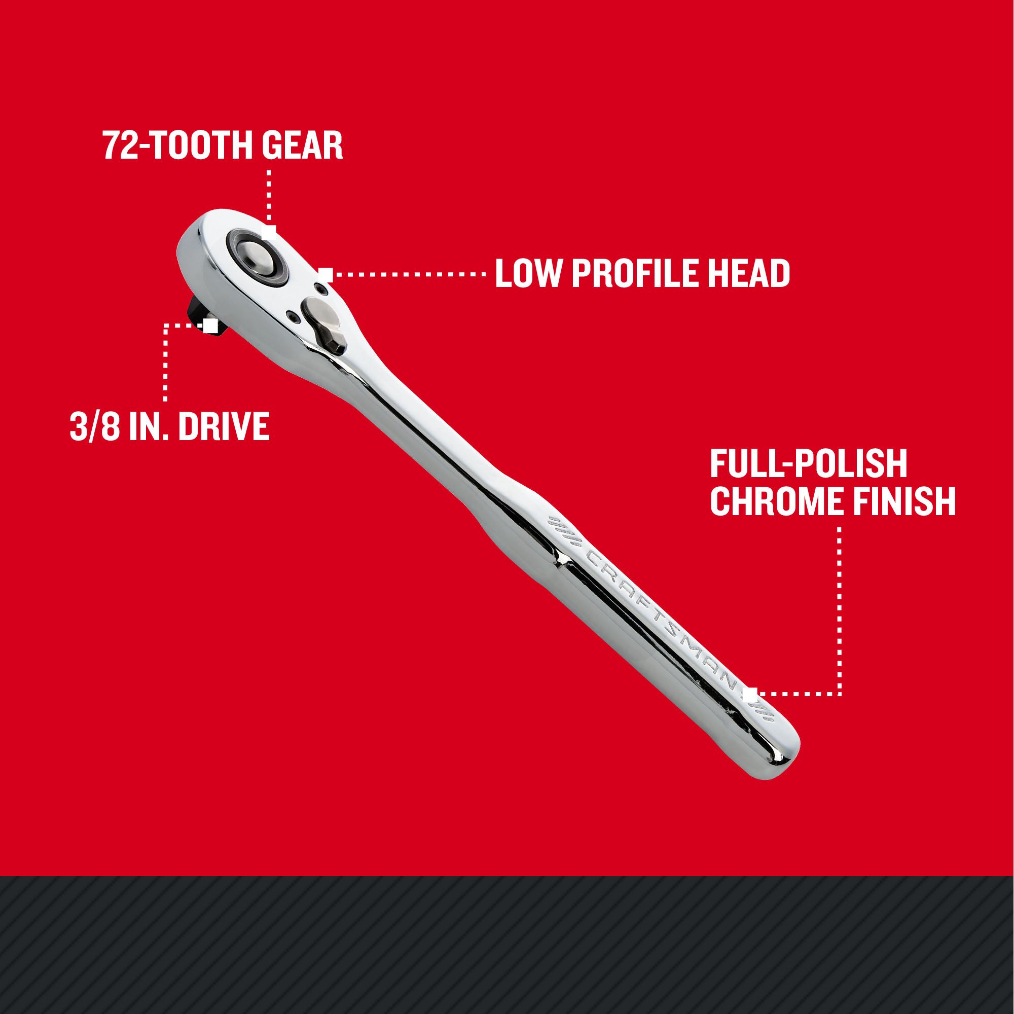Llave de trinquete CRAFTSMAN de 72 dientes con mango pulido completo de 3/8 pulgadas