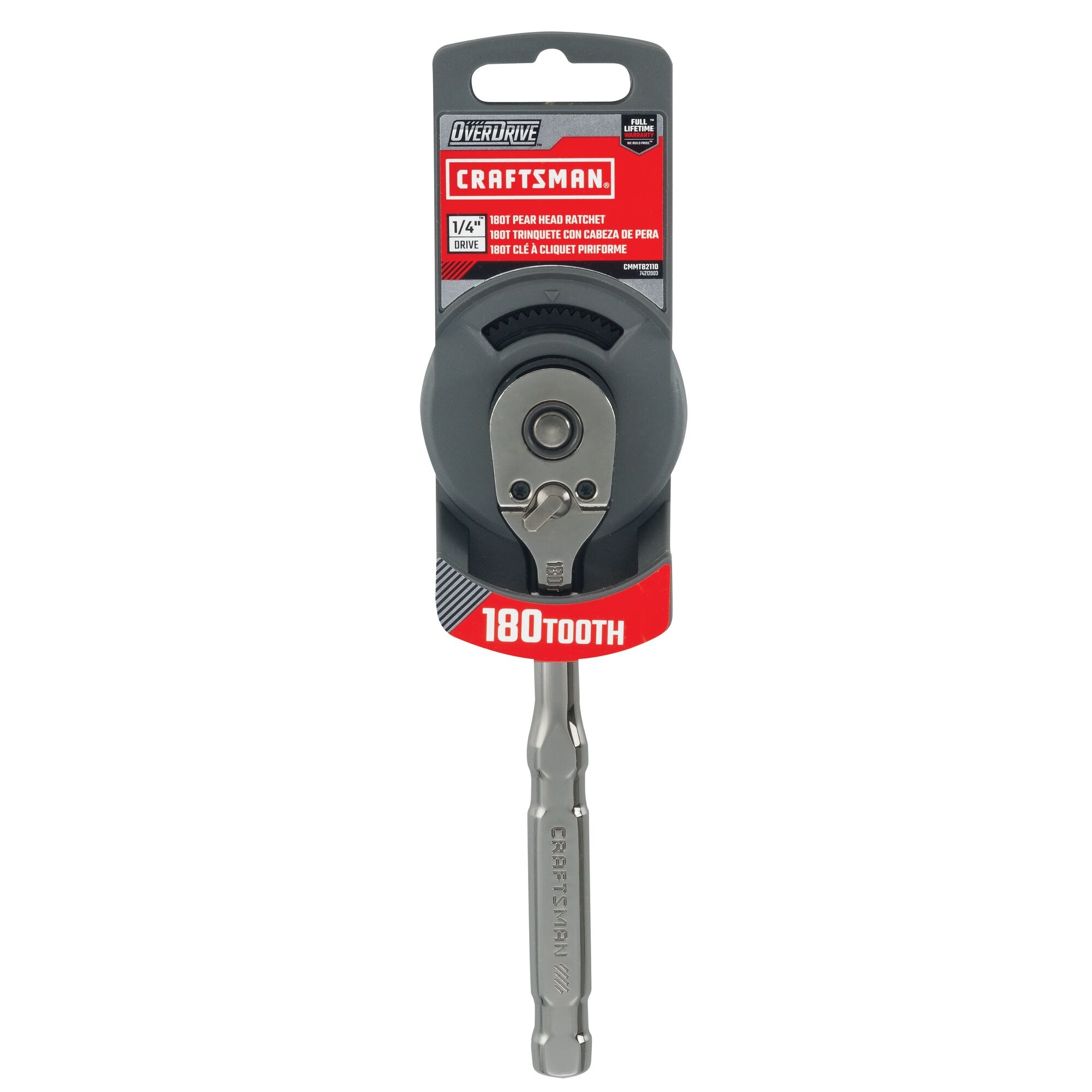 Llave de trinquete con mango de color pistola y unidad de 1/4 pulgadas de 180 dientes OVERDRIVE de CRAFTSMAN CMMT82110.