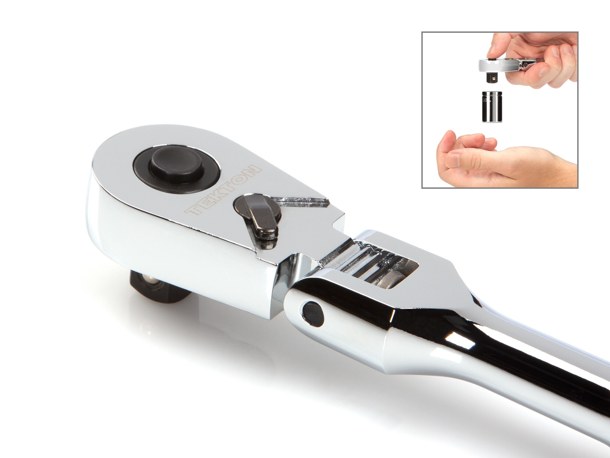 Llave de trinquete con cabeza flexible de 90 dientes y mango pulido completo de 3/8 pulgadas.