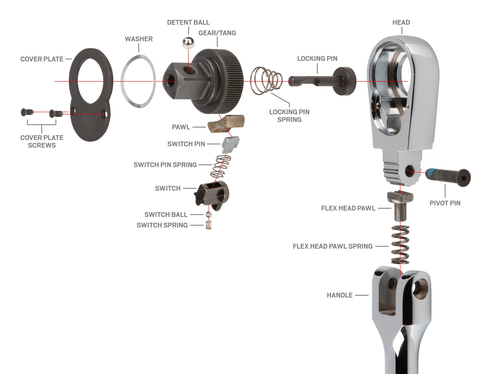 Llave de trinquete con cabeza flexible de 90 dientes y mango pulido completo de 3/8 pulgadas.