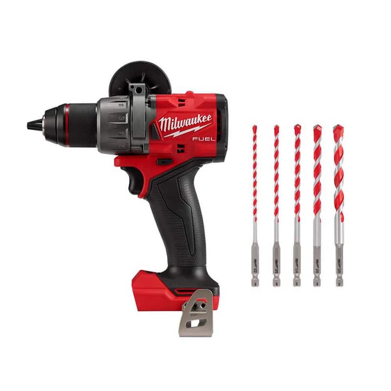Martillo Taladro Inalámbrico Milwaukee M18 FUEL 18V de Iones de Litio sin Escobillas (Herramienta Únicamente) con Set de Brocas de Martillo de Carburo SHOCKWAVE (5 Piezas) - 2904-20-48-20-9051