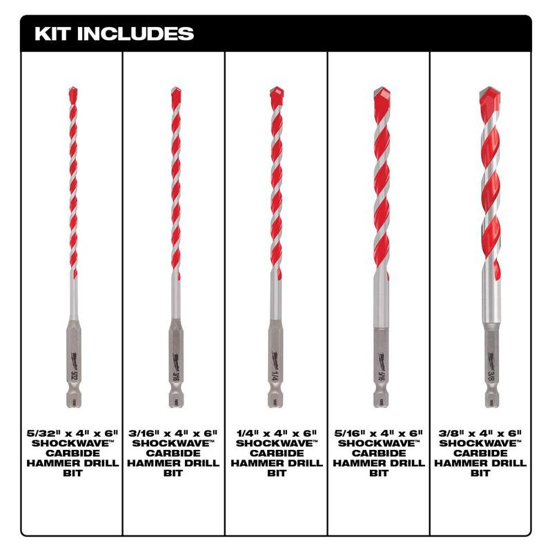 Martillo Taladro Inalámbrico Milwaukee M18 FUEL 18V de Iones de Litio sin Escobillas (Herramienta Únicamente) con Set de Brocas de Martillo de Carburo SHOCKWAVE (5 Piezas) - 2904-20-48-20-9051